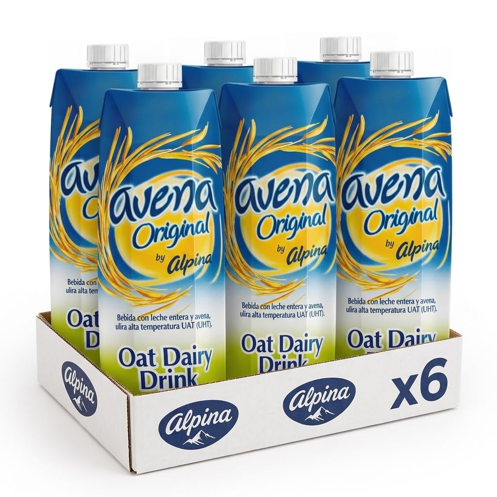 Avena Original - Bebida de Leche y Avena - Pack Ahorro 6 x 1 Litro - Rica en Calcio y Proteínas - Formato Familiar Brik con Tapón de Rosca - Alpina - NEXU