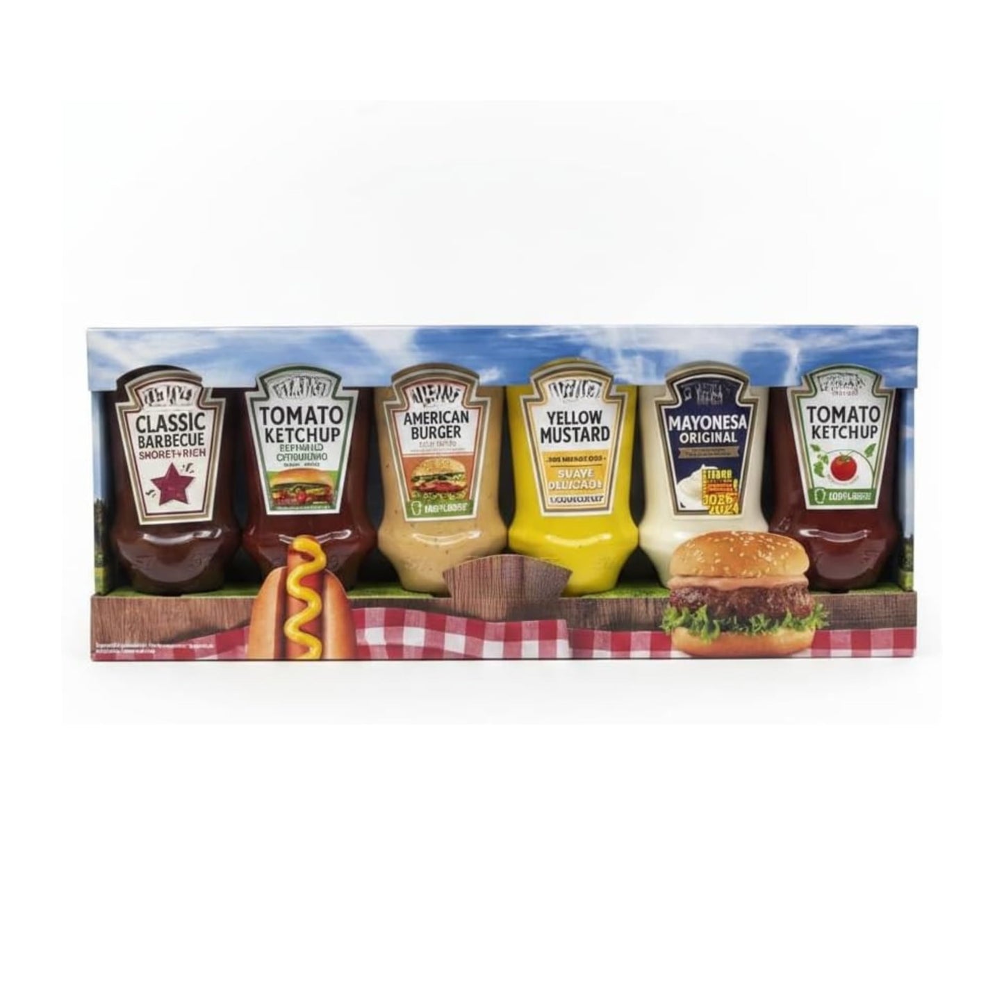 Pack Selección de 6 Salsas Variadas para Hamburguesas y Barbacoas - Incluye Ketchup Original, Pepinillo, Barbacoa, Mostaza, Mayonesa y Salsa Burger - Formato Ahorro 1445g (Total) - NEXU