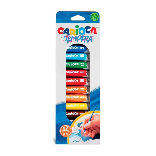Carioca Témpera en Tubos | 12 Tubos de 12 ml, colores surtidos y brillantes, superlavables y mezclables, alta opacidad | Se aplica Sobre Materiales Porosos | 12 piezas