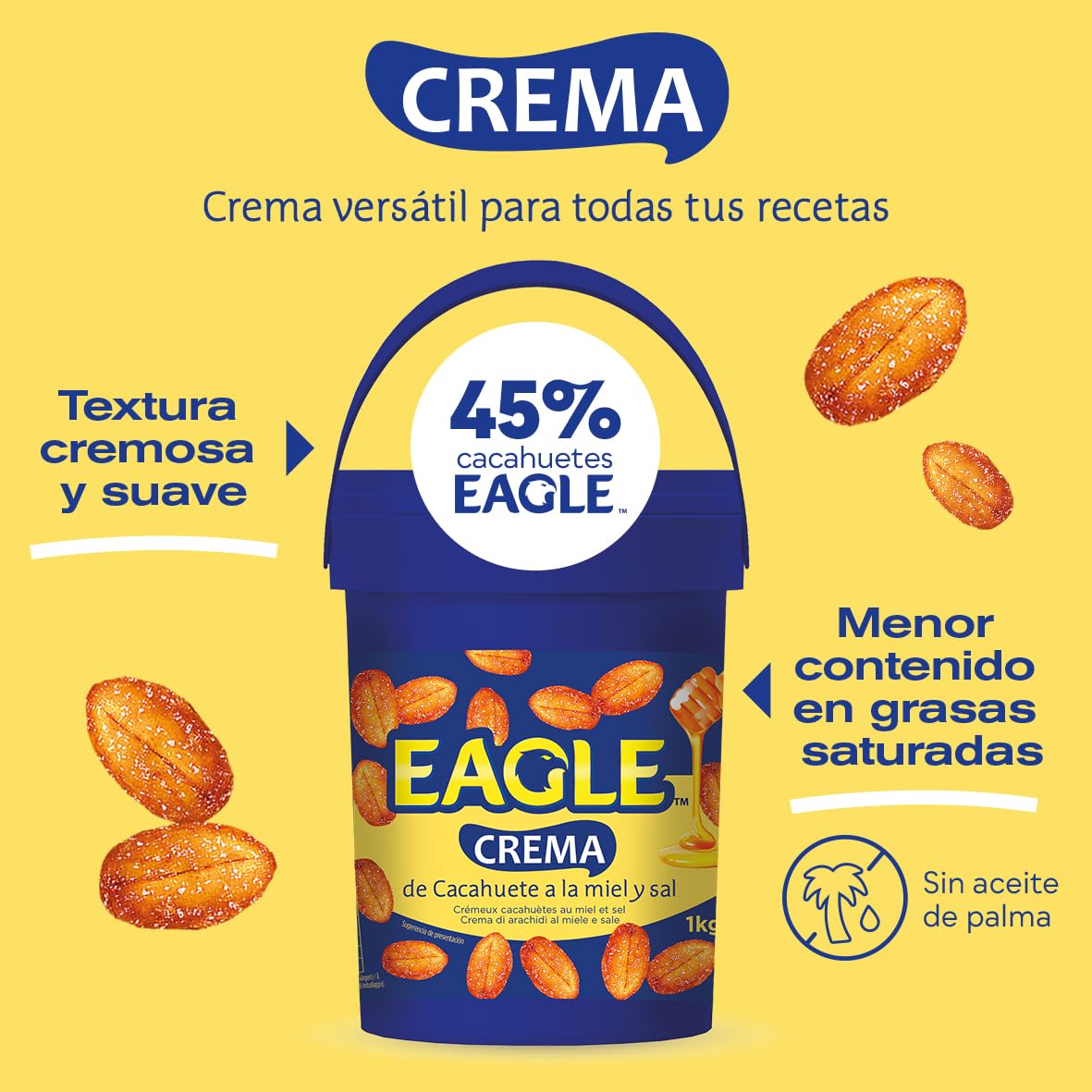 Eagle | Crema de Cacahuete Frita con Miel y Sal 1kg | Sin Gluten, Sin Lactosa, Vegetariana, Cremosa Untable, Sin Aceite de Palma, Ideal para Desayunos y Meriendas