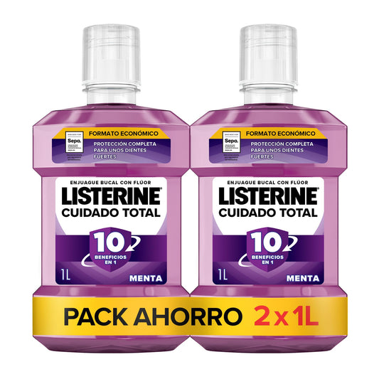 Listerine Cuidado Total (pack de 2 x 1 L), enjuague bucal con flúor, colutorio bucal con 6 beneficios en 1, elixir bucal para una limpieza bucal completa (El embalaje puede variar)