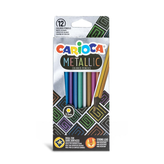 Carioca Lápices Metálicos, 12 Lápices de Colores Opacos con Acabado Metálico, Forma Hexagonal, Lápices de Colores para Niños y Adultos, para Dibujar y Colorear, Fácil de Sacar Punta, Colores Variados