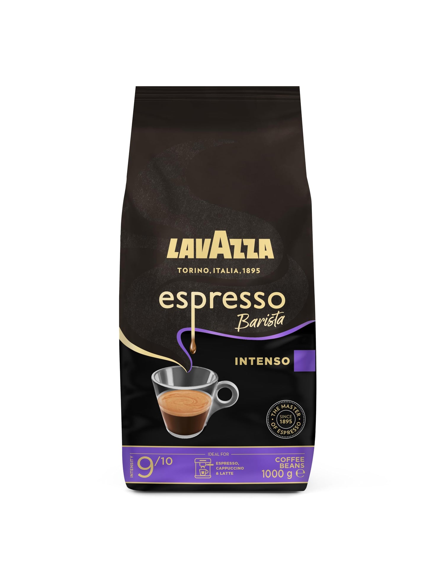Lavazza, Espresso Barista Intenso, Café en Grano Natural Tostado, Ideal para Máquina de Café Espresso o Superautomática, con Notas Aromáticas de Cacao y Madera, Intensidad 9/10, Tueste Medio, 1 kg