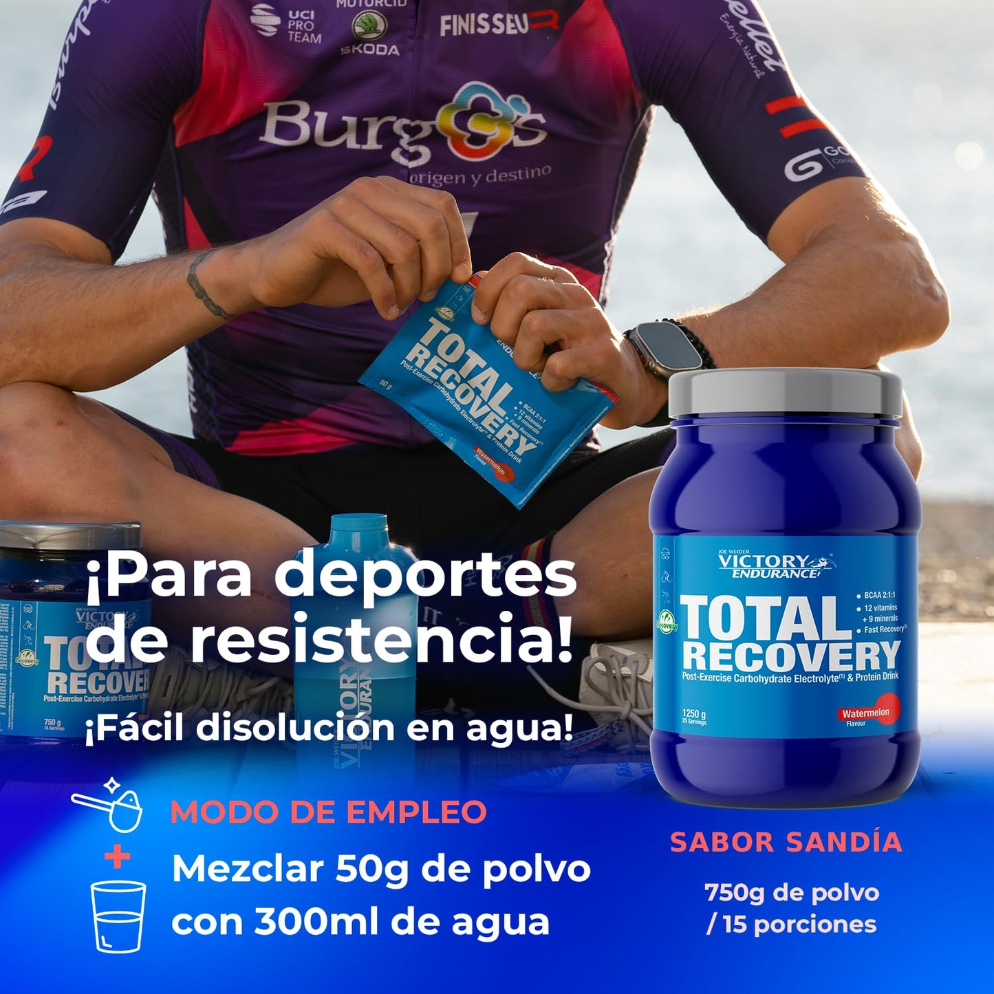 Victory Endurance Total Recovery (1250g) Sabor Sandía, Preparado Bebida Post-Entreno de Carbohidratos Electrolitos y Proteínas, Con BCAA 2:1:1, 12 Vitaminas y 9 Minerales, Recuperación Rápida