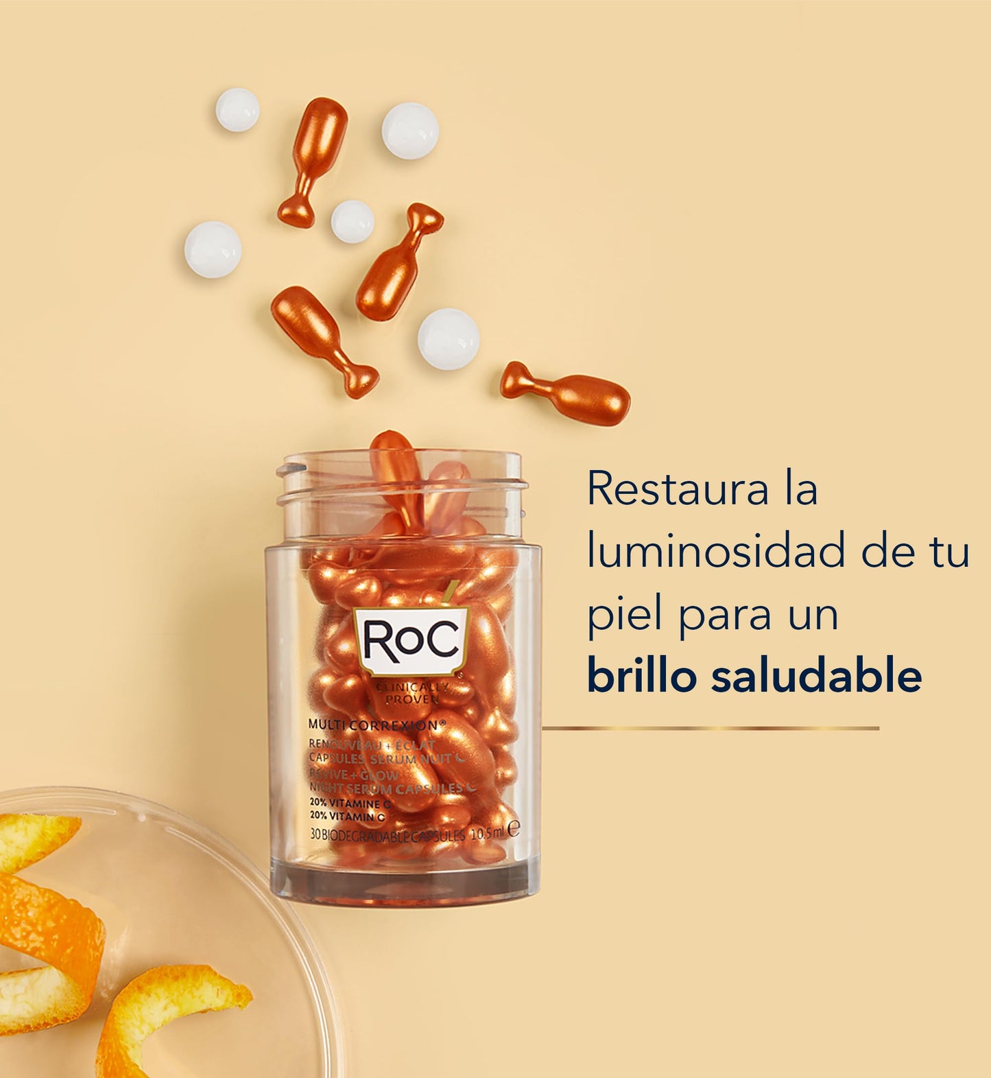 RoC - Multi Correxion Revive + Glow Suero de Noche con Vitamina C - Antiarrugas y Envejecimiento - Reducción de Puntos Negros - Cápsulas de 30 piezas