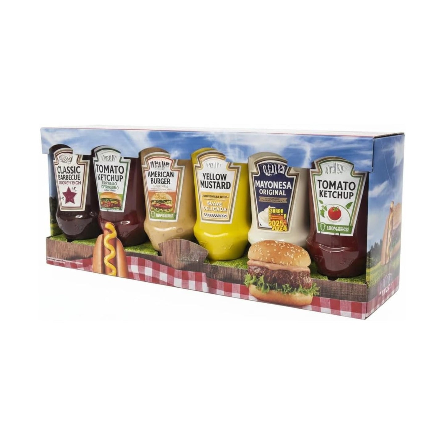 Pack Selección de 6 Salsas Variadas para Hamburguesas y Barbacoas - Incluye Ketchup Original, Pepinillo, Barbacoa, Mostaza, Mayonesa y Salsa Burger - Formato Ahorro 1445g (Total) - NEXU