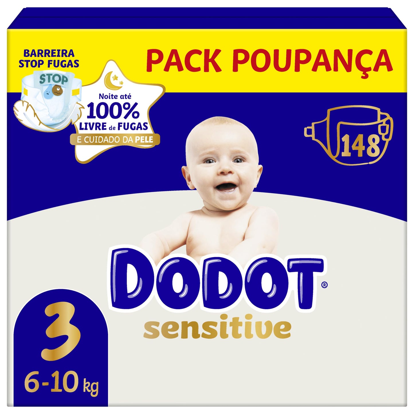 Dodot Sensitive Talla 3 (6-10 kg) Mega Pack 148 Pañales | Protección Suave para la Piel del Bebé | Máxima Absorción y Cuidado Diario