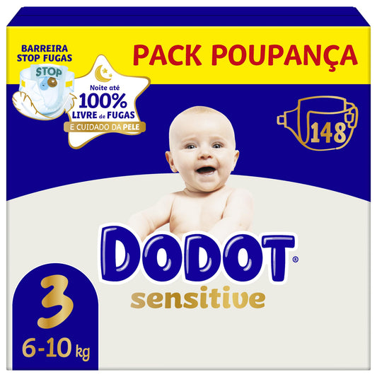 Dodot Sensitive Talla 3 (6-10 kg) Mega Pack 148 Pañales | Protección Suave para la Piel del Bebé | Máxima Absorción y Cuidado Diario