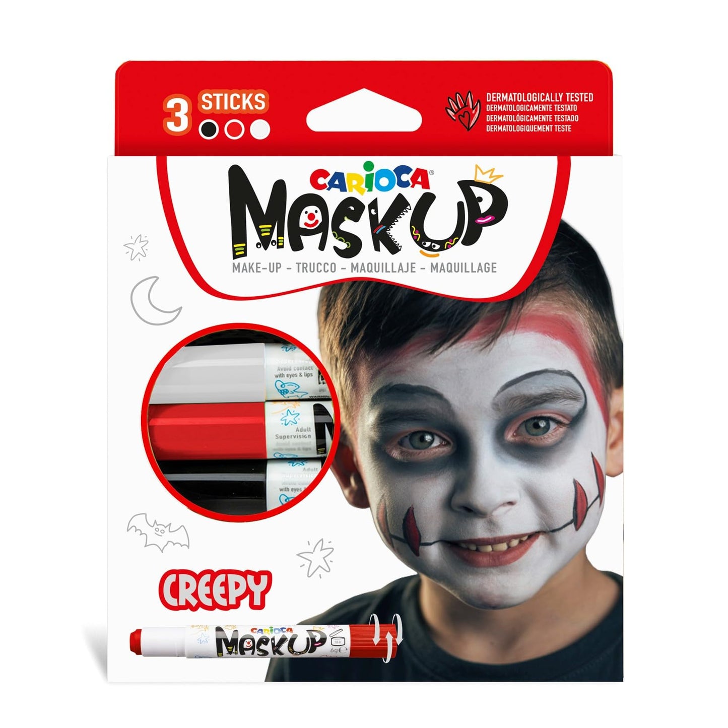 CARIOCA Mask Up Creepy, Kit de Pintura Facial para Niñas, Barras de Maquillaje Ideal para Navidad, Halloween, Carnaval y Fiestas - 3 Colores y 2 Tutoriales - Dermatológicamente Testado
