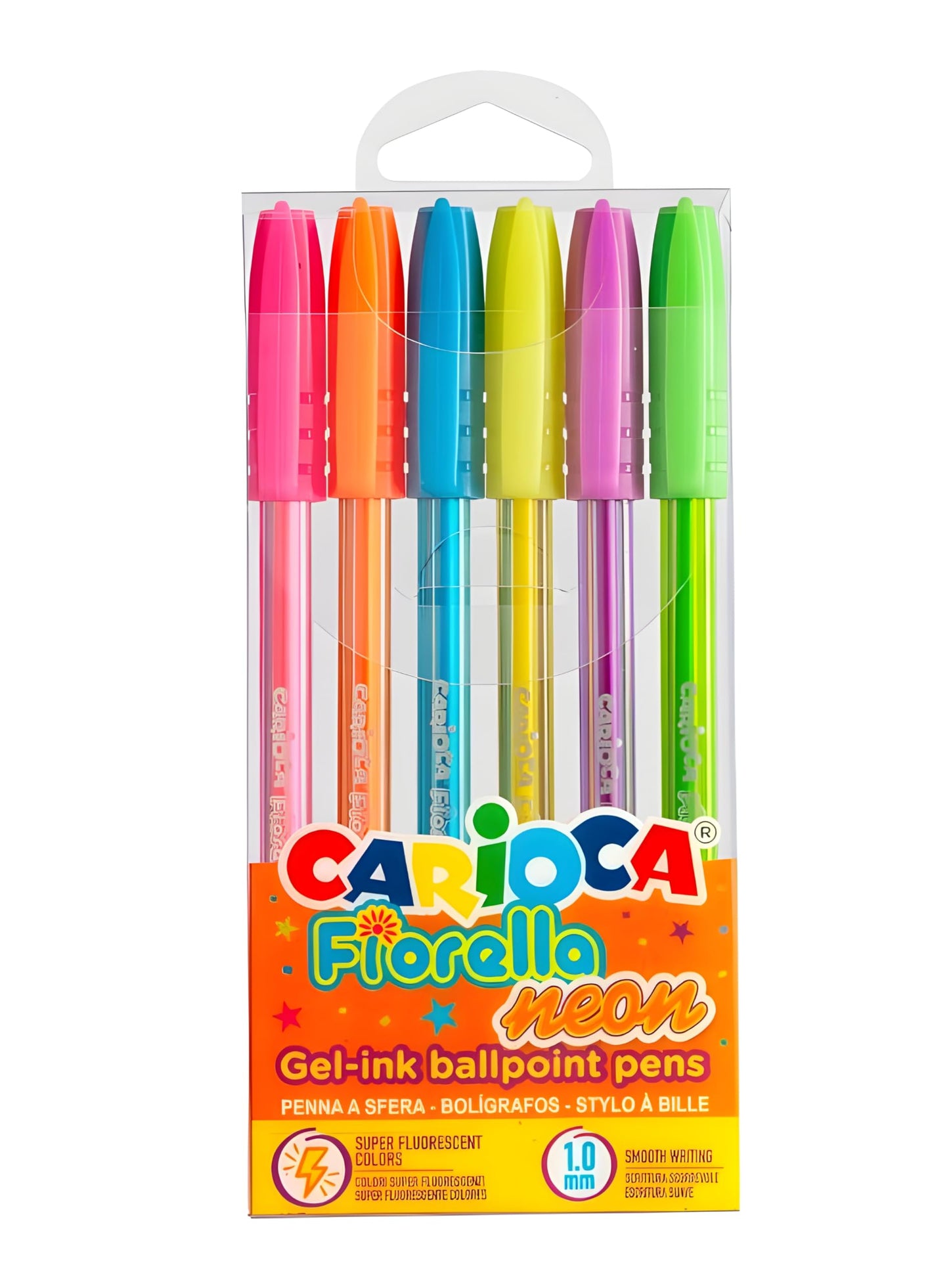 CARIOCA Bolígrafos del Gel Neón | Caja de 6 Bolígrafos de Gel Fiorella colores Neón | Para el Colegio, Universidad y Oficina | Punta de Ø 0,1 mm | 6 piezas
