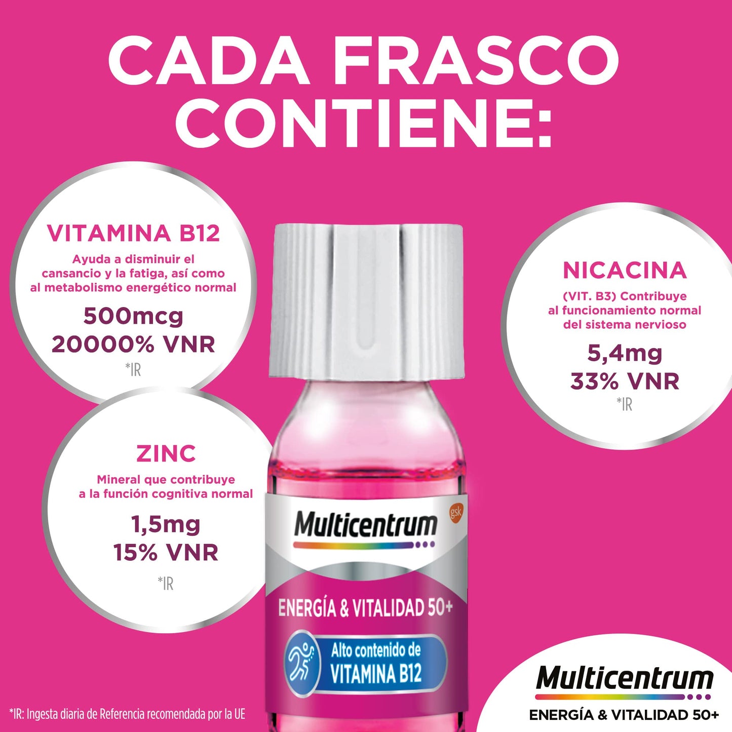 Multicentrum Energía & Vitalidad 50+, liquido, Alto contenido de Vitamina B12, Energía Física y Mental después de los 50 años, pack de 30 frascos
