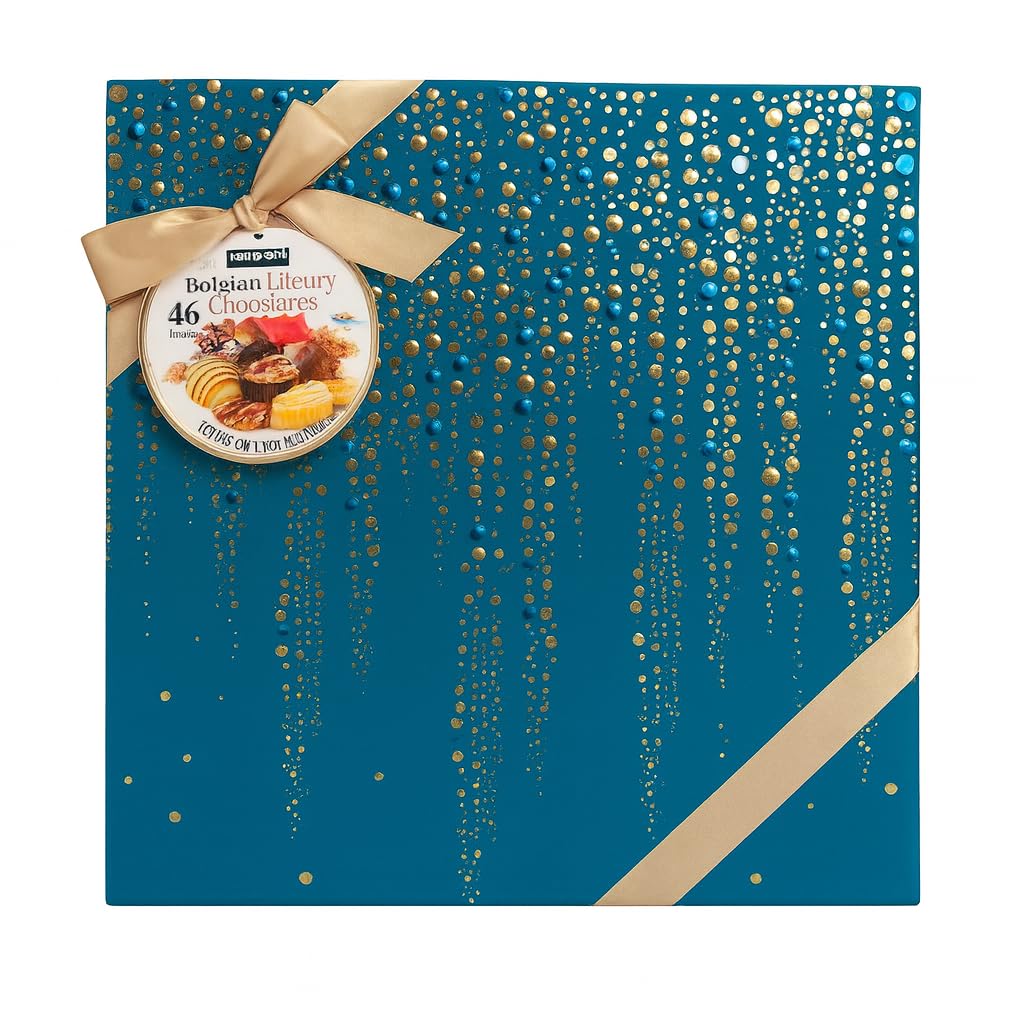 Chocolates Belgas de Lujo Signature | Caja Surtida con 46 Piezas | Chocolate Negro, con Leche y Blanco | Pralinés Rellenos con Avellana, Caramelo y Ganache | Ideal para Regalo (46 Piezas, AZUL)
