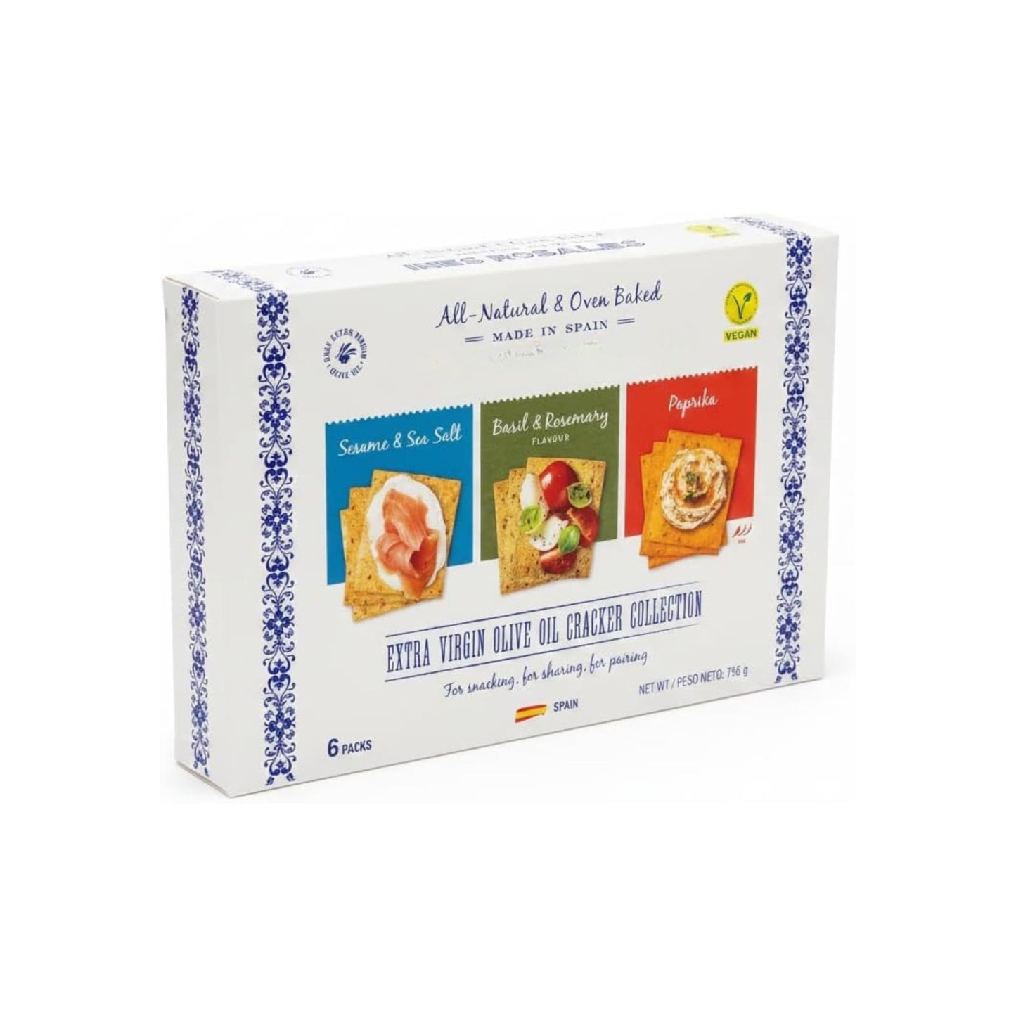 Colección de Crackers de Aceite de Oliva Virgen Extra - 1 Pack de 6 uds (3 Variedades: Sésamo, Albahaca y Pimentón) - Snacks Gourmet Saludables y Veganos - NEXU