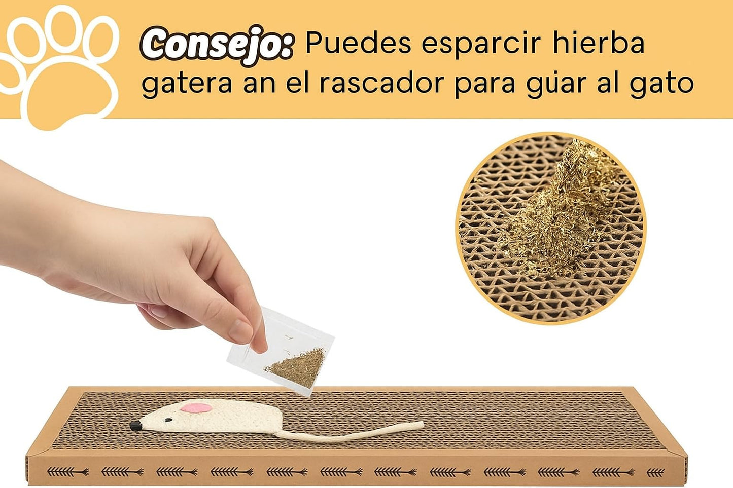 Rascador para Gatos de Cartón y Sisal Natural – 38x12.5 cm con Catnip Incluido – Alfombrilla Rascadora Divertida y Duradera – Antiestrés, Juguete y Zona de Descanso para Gatos
