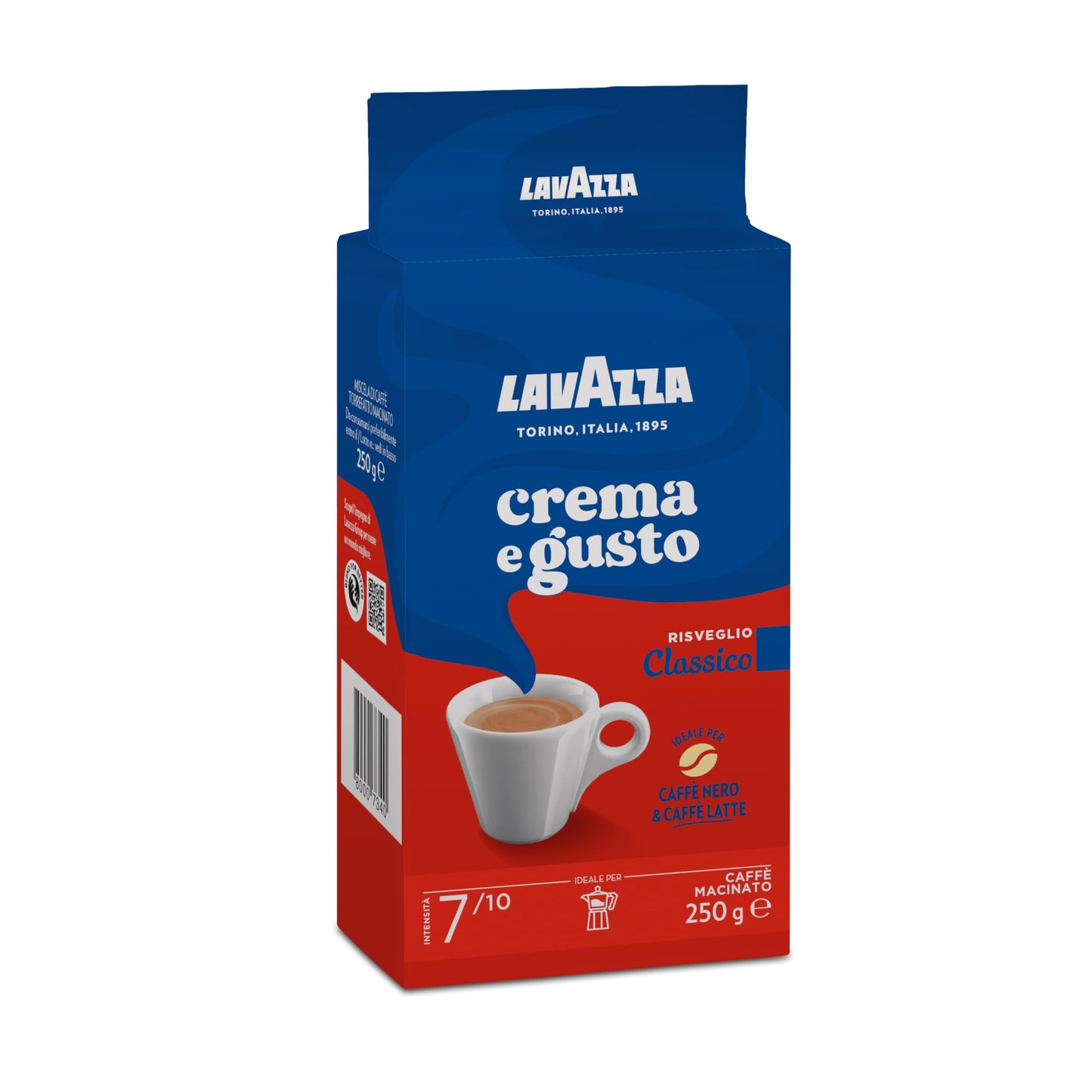 Lavazza, Crema e Gusto Classico, Café Molido Natural, Ideal para Cafetera Italiana, de Filtro y Francesa, con Notas Aromáticas de Especias, Arábica y Robusta, Intensidad 7, Tueste Oscuro, 250 g