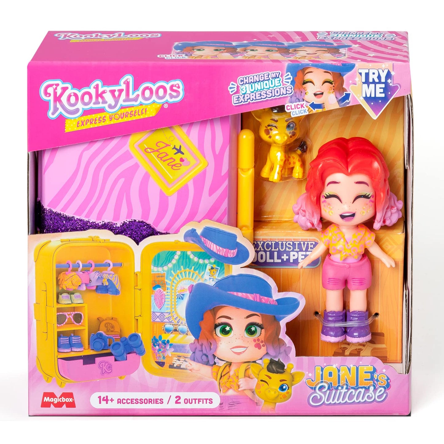KOOKYLOOS Jane’s Suitcase – Maleta para muñecas con más de 14 accesorios de moda y muñeca exclusiva con 3 expresiones divertidas. Incluye ropa, accesorios y zapatos, perchas y una mascota exclusiva