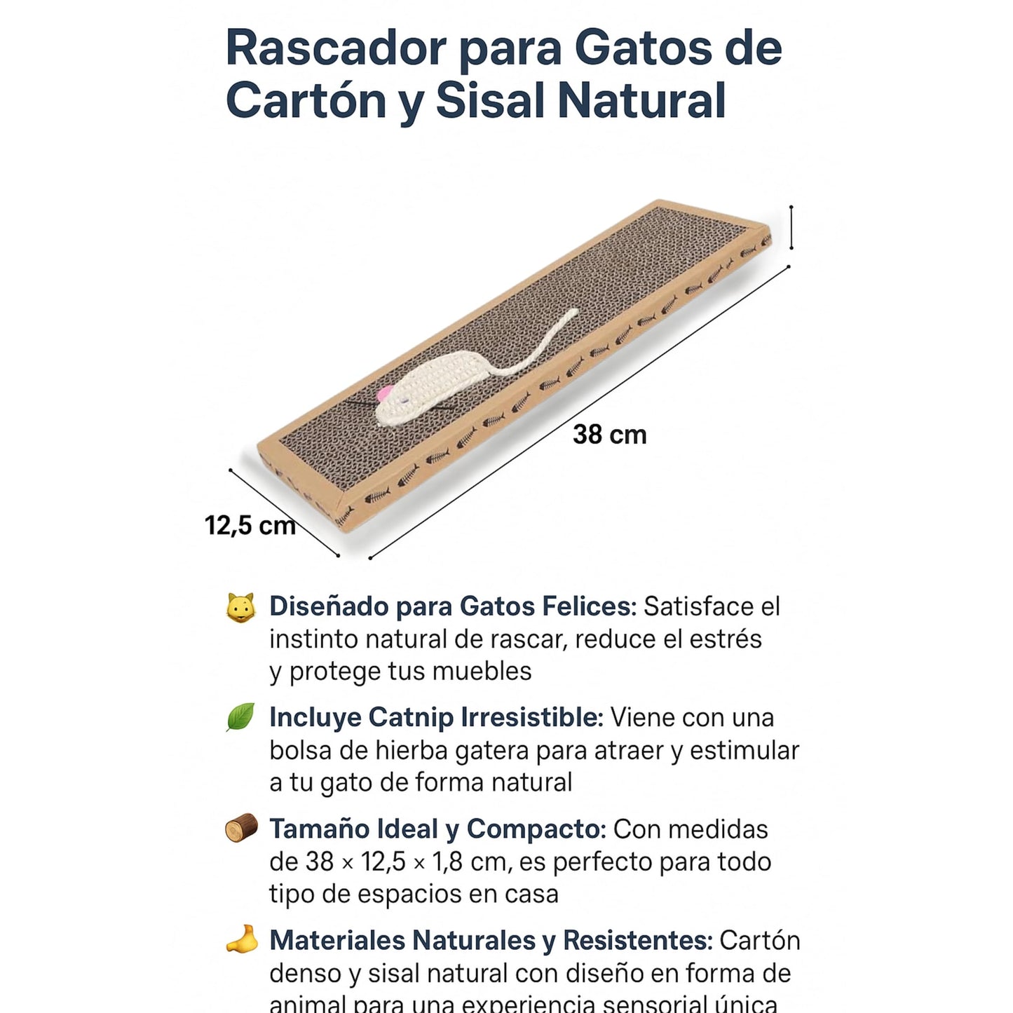 Rascador para Gatos de Cartón y Sisal Natural – 38x12.5 cm con Catnip Incluido – Alfombrilla Rascadora Divertida y Duradera – Antiestrés, Juguete y Zona de Descanso para Gatos