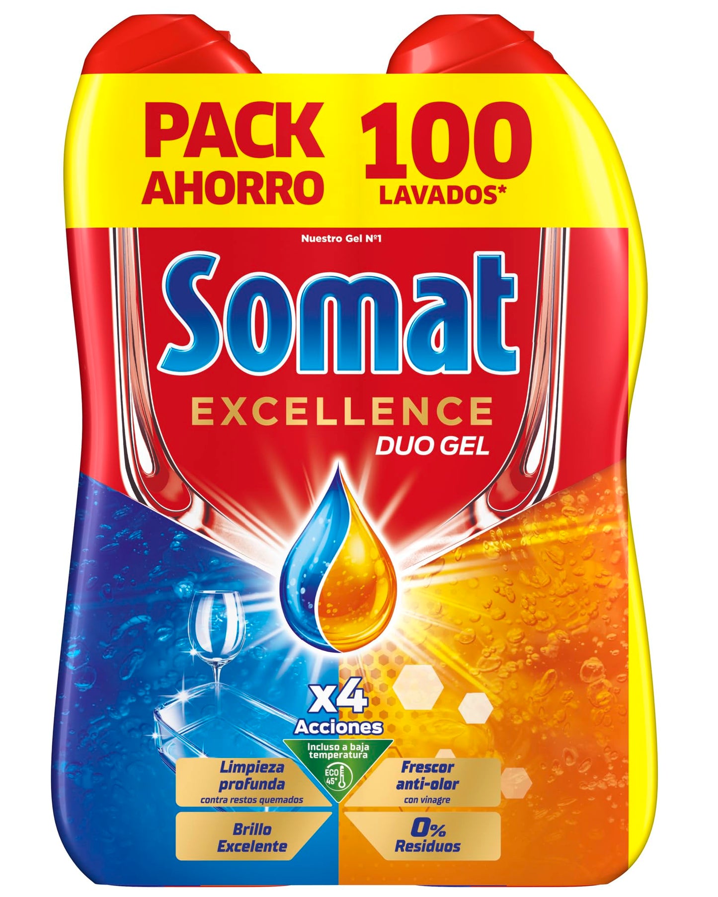 Somat Excellence Gel Frescor Anti-Olor (100 lavados), detergente lavavajillas desengrasante, lavavajilla líquido automático en botella, jabón para platos con vinagre