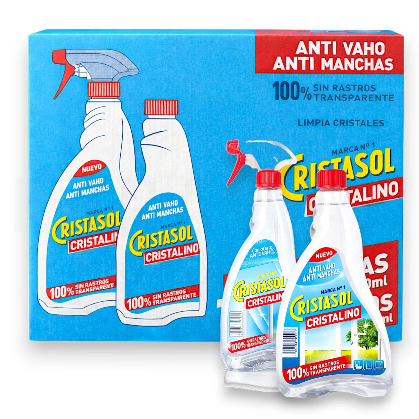 Limpiador para Cristales Anti Vaho Anti Manchas, Pack 2 Pistolas + 2 Recambios, 750ml cada uno, Líquido, Transparente, 3 Litros Total