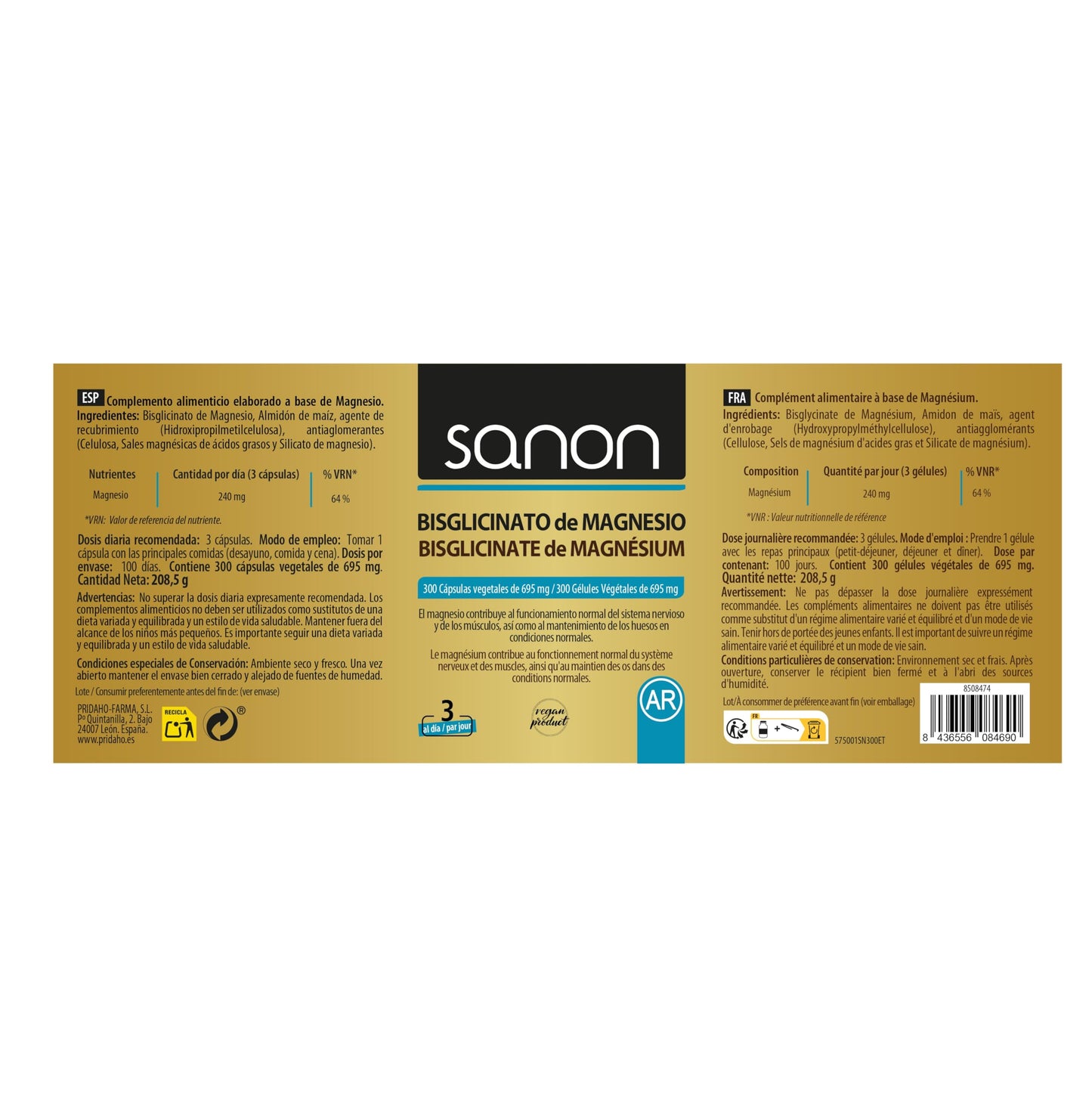 SANON Magnesio Bisglicinato 300 Cápsulas Vegetales De 550 Mg, One size, 100 ml