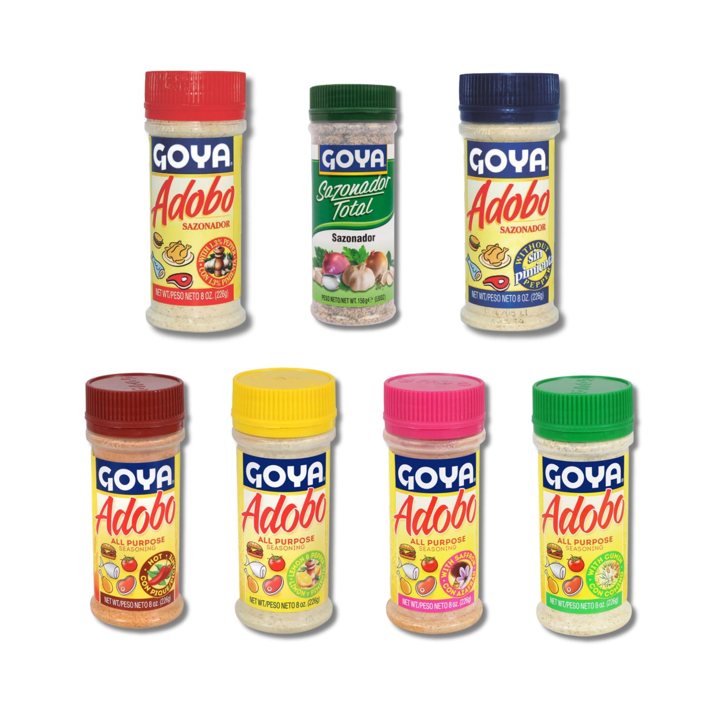 Colección de Sazonadores - Adobo y Sazonador Total - Pack de 7 Variedades (Pimienta, Comino, Azafrán, Limón, Picante y Más) - Kit de Especias 6 x 226g y 1 x 156g - NEXU