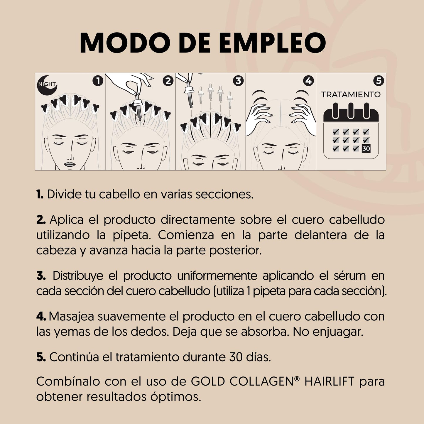 GOLD COLLAGEN Scalp Revival - Sérum Cabello Noche para Crecimiento y Anticaída con Ácido Hialurónico y Extractos Naturales, Tratamiento Hidratante Cabello con Keratina, Aceite Pelo Seco Dañado 100 ml