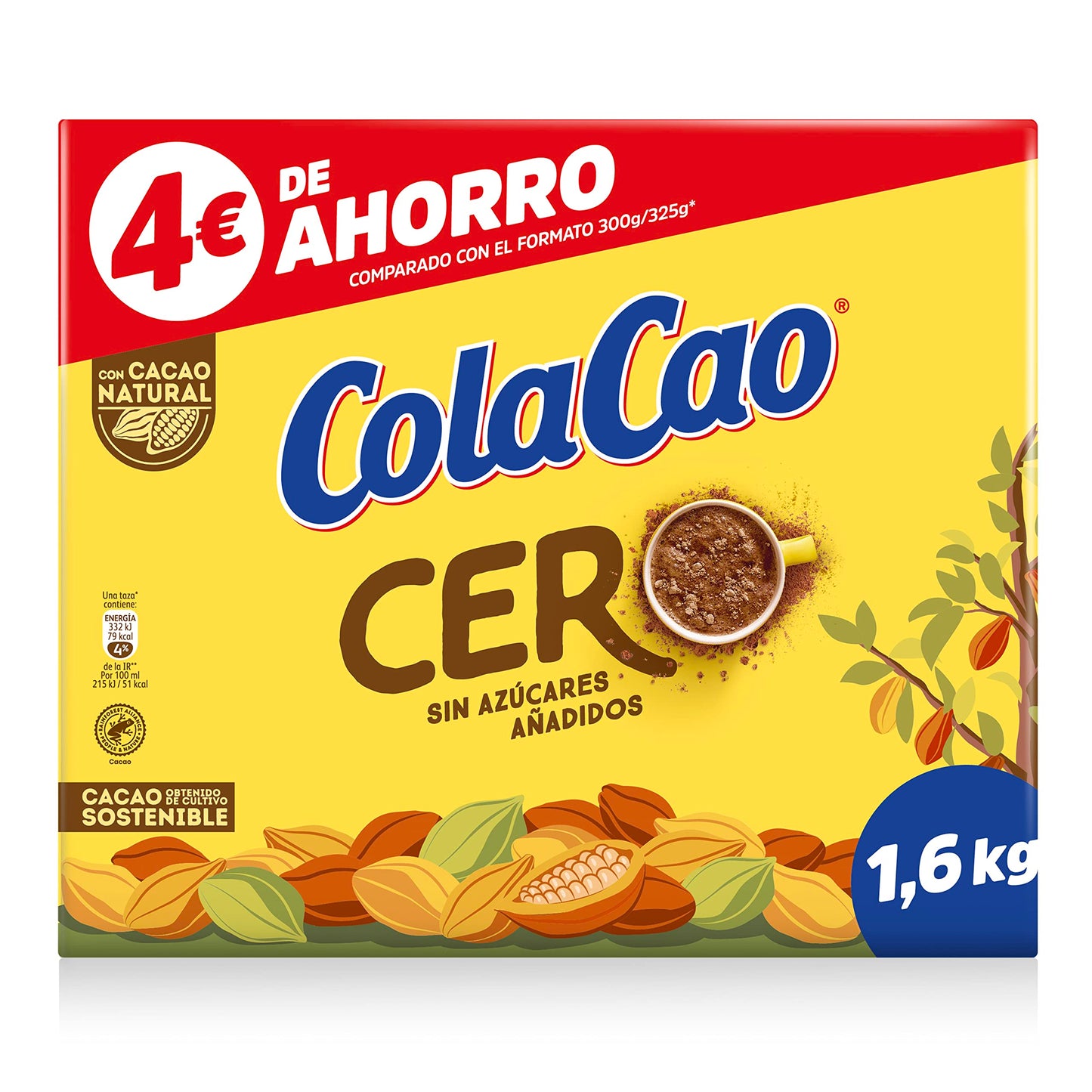 ColaCao Cacao Soluble, 0% Azúcares Añadidos, 1.6kg