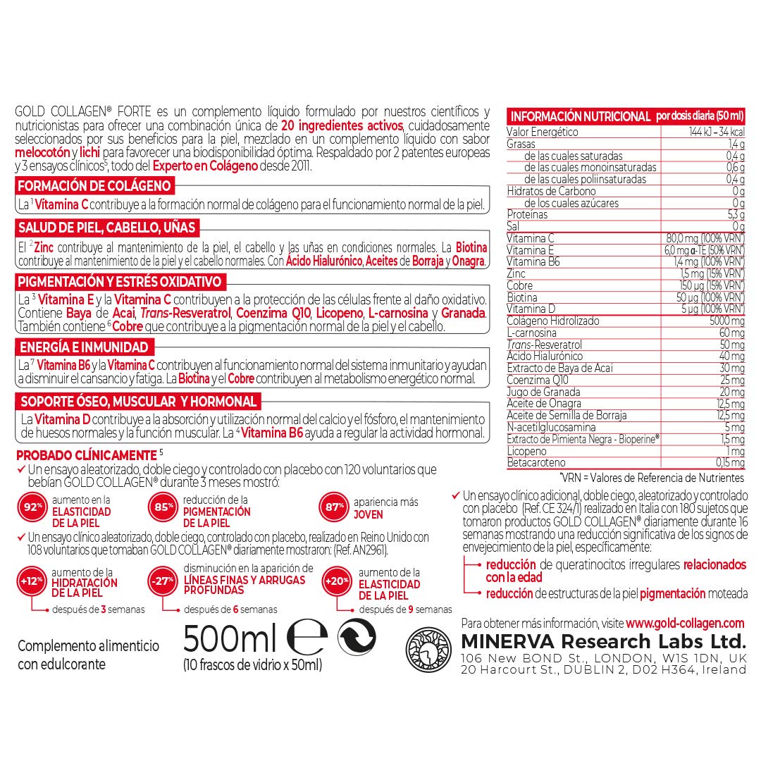 GOLD COLLAGEN Forte - Complemento de Colágeno Marino Hidrolizado Antiarrugas para Sistema Inmunitario con Vitamina C y Ácido Hialurónico, Biotina para el Cabello Piel y Uñas 1 Caja 10 Botellitas 50 ml