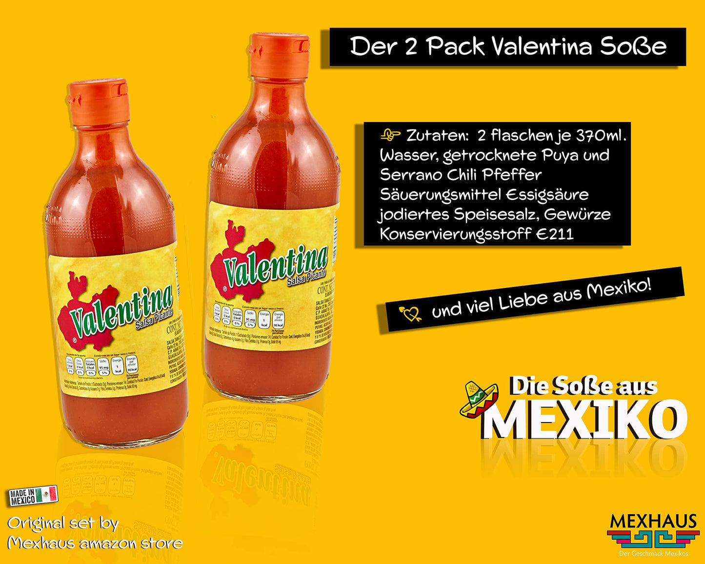 Salsa Valentina salsa picante chilli mexicana caliente / salsa picante / (pack de 2 unidades) - 370 ml cada uno, sin gluten, sin grasa y sin azúcar, salsas picantes set de regalo