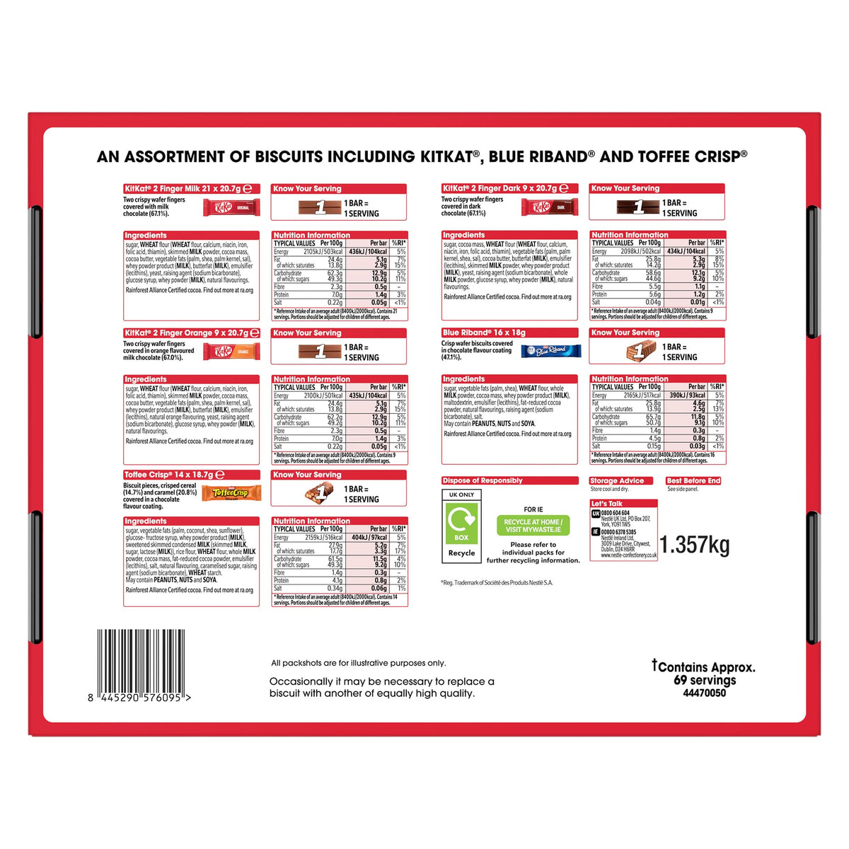 Nestlé Nestlé - Caja grande de galletas Kitkat y sus amigos | 69 x barras de galletas de chocolate - KitKat, Blue Riband, Toffee Crisp | Caja Chocolate Granel 1.357kg