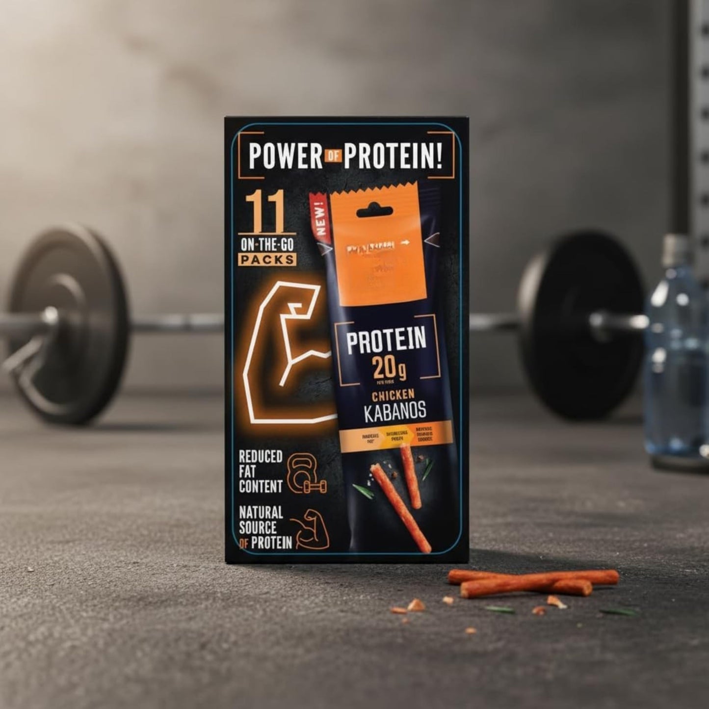 Protein Chicken Kabanos - Snack de Pollo Alto en Proteínas (40% Proteína), Ahumado y Secado, Bajo en Grasas, 1 Pack de 11 Unidades x 50g - Ideal para Fitness y Dieta Proteica - NEXU