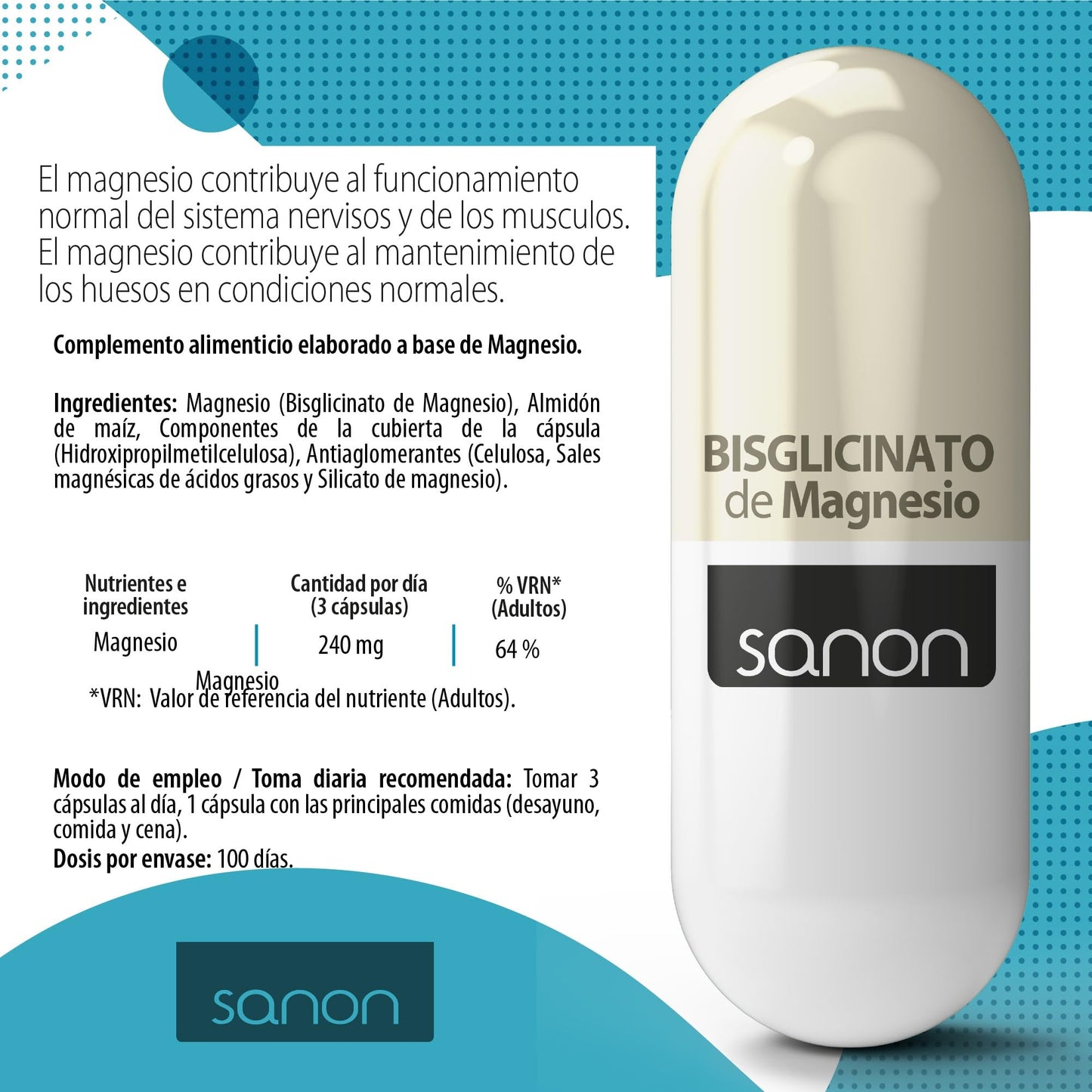 SANON Magnesio Bisglicinato 300 Cápsulas Vegetales De 550 Mg, One size, 100 ml
