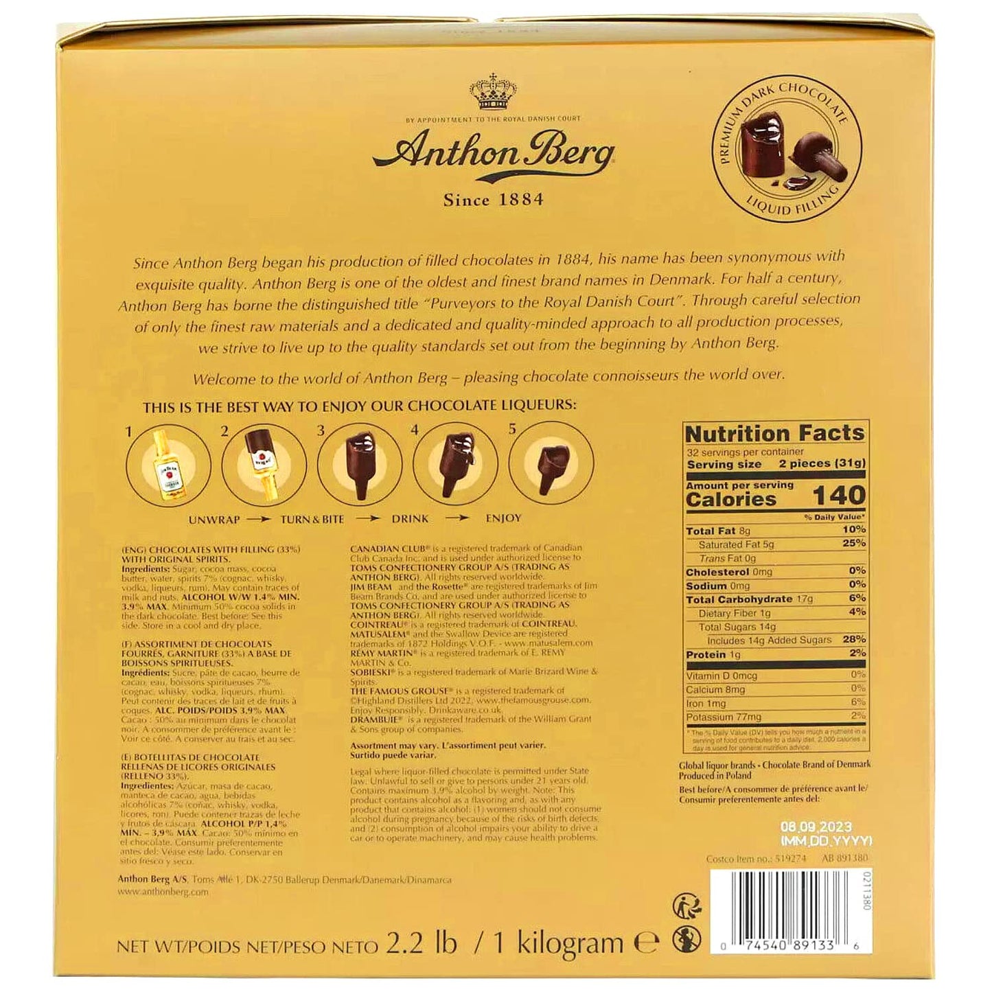 Caja de regalo de chocolates oscuros con relleno de licor de Anthon Berg, paquete surtido (paquete de 64)