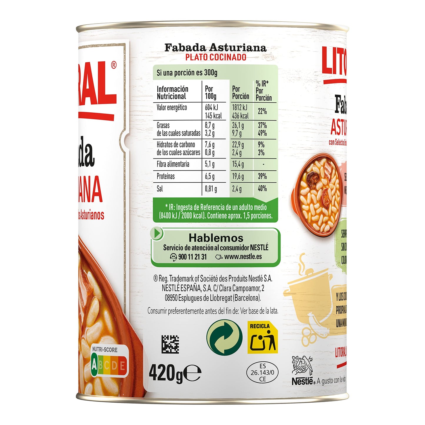 LITORAL Fabada Asturiana - Plato Preparado de Fabada Asturiana Sin Gluten - Pack de 6x420 g