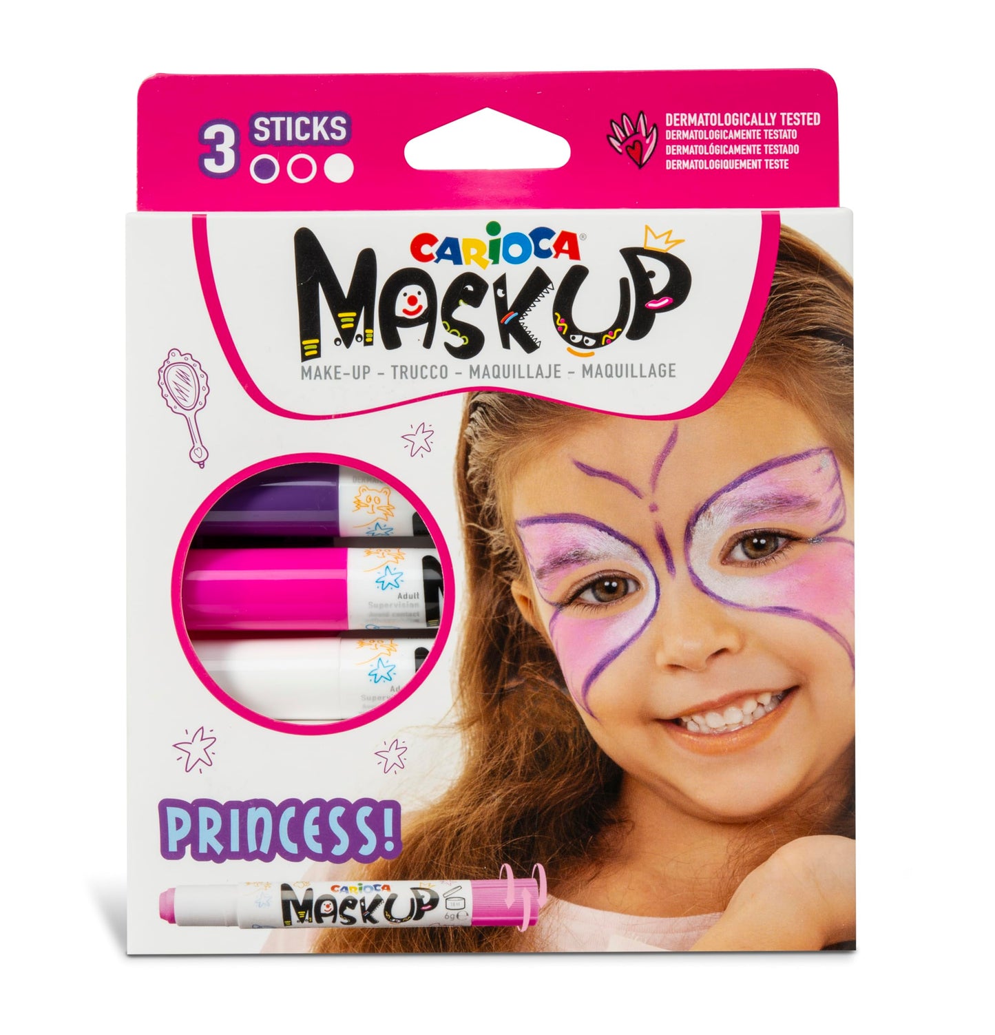 Carioca Mask Up Princess, Kit de Pintura Facial para Niñas, Barras de Maquillaje Ideal para Navidad, Halloween, Carnaval y Fiestas - 3 Colores y 2 Tutoriales - Dermatológicamente Testado