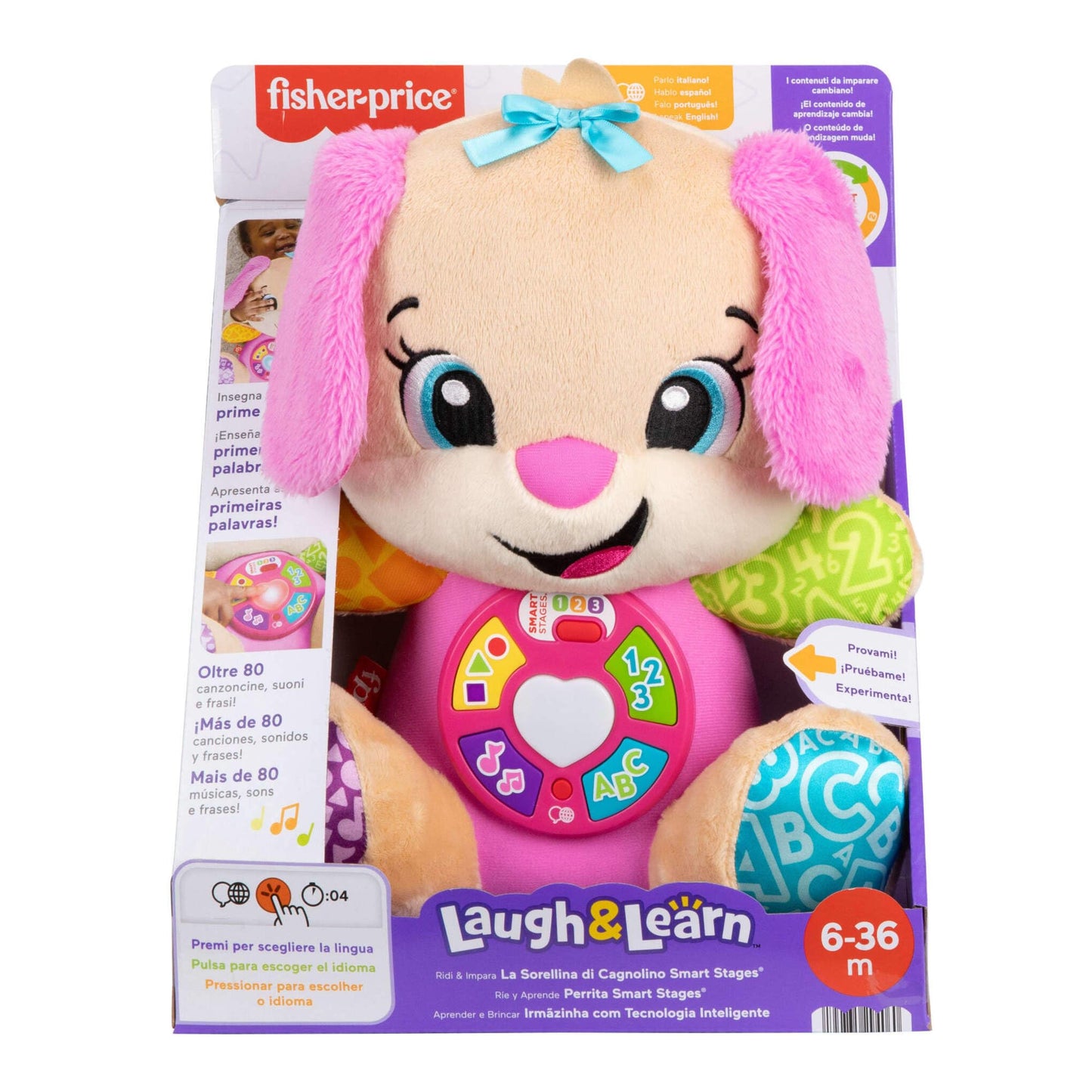 Fisher-Price Laugh & Learn Perrita con Smart Stages Peluche musical de aprendizaje con Smart Stages , versión multilingüe: Italiano, Español, Portugués, Inglés,