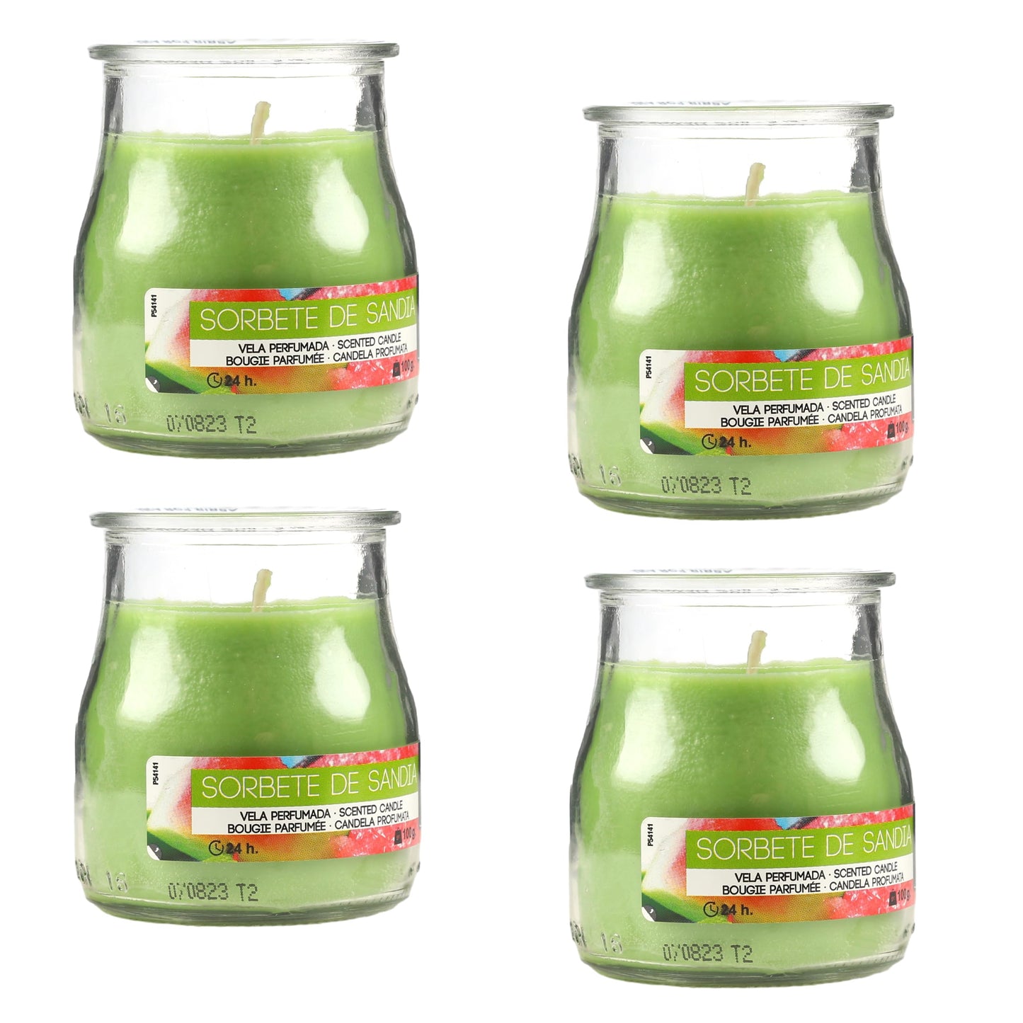 Pack de 4 Velas Aromáticas en Vaso de Yogurt de Cristal Reciclable - 44h de Duración，Cera Vegetal Perfumada, Fabricadas España, 7x6cm (Sorbete de Sandia)