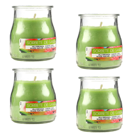 Pack de 4 Velas Aromáticas en Vaso de Yogurt de Cristal Reciclable - 44h de Duración，Cera Vegetal Perfumada, Fabricadas España, 7x6cm (Sorbete de Sandia)