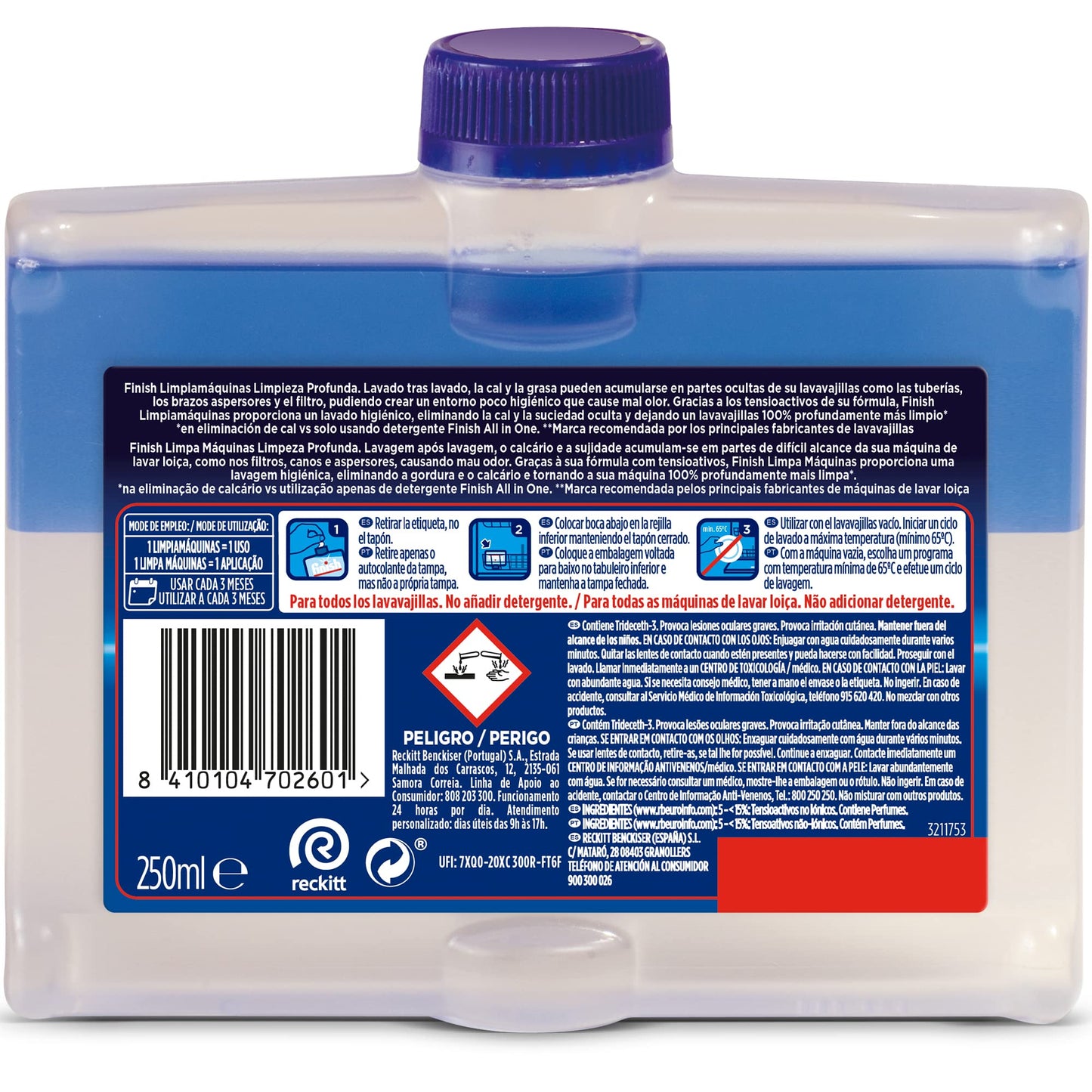 Finish Limpiamáquinas - Limpieza higiénica para el lavavajillas contra el mal olor, la cal y la grasa - 250ml