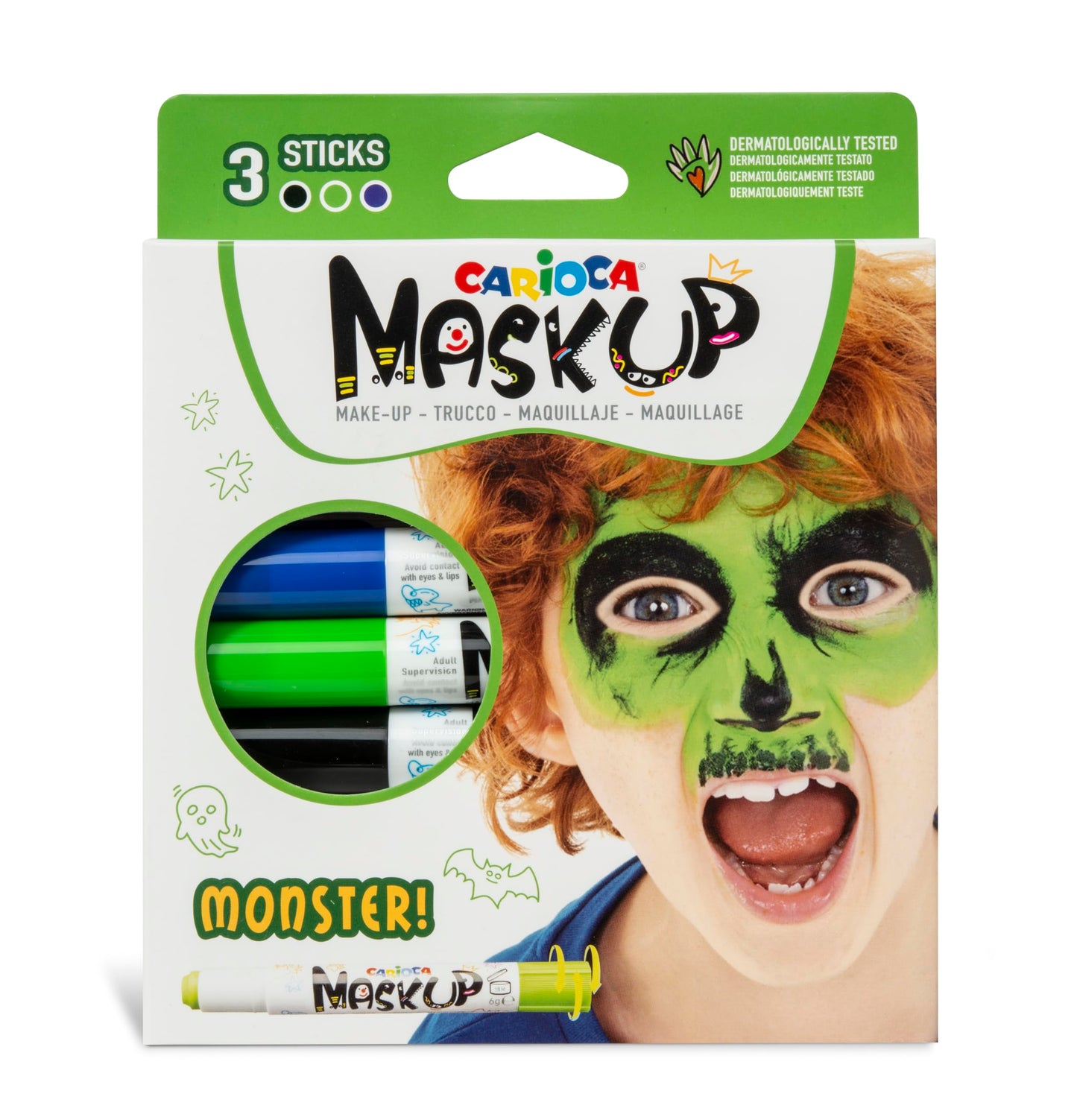 Carioca Mask Up Monsters, Kit de Pintura Facial para Niños y Niñas, Barras de Maquillaje Ideal para Navidad, Halloween, Carnaval y Fiestas - 3 Colores y 2 Tutoriales - Dermatológicamente Testado
