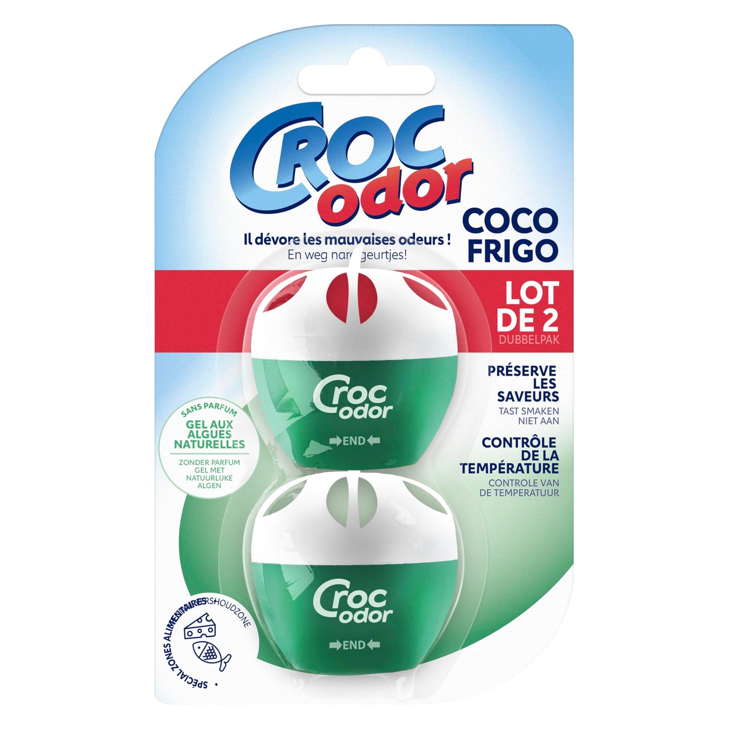 Ambientador para nevera Croc Odor, juego de dos, sin perfume, seguro para los alimentos, con indicador de temperatura, 2 x 33 g, el embalaje puede variar
