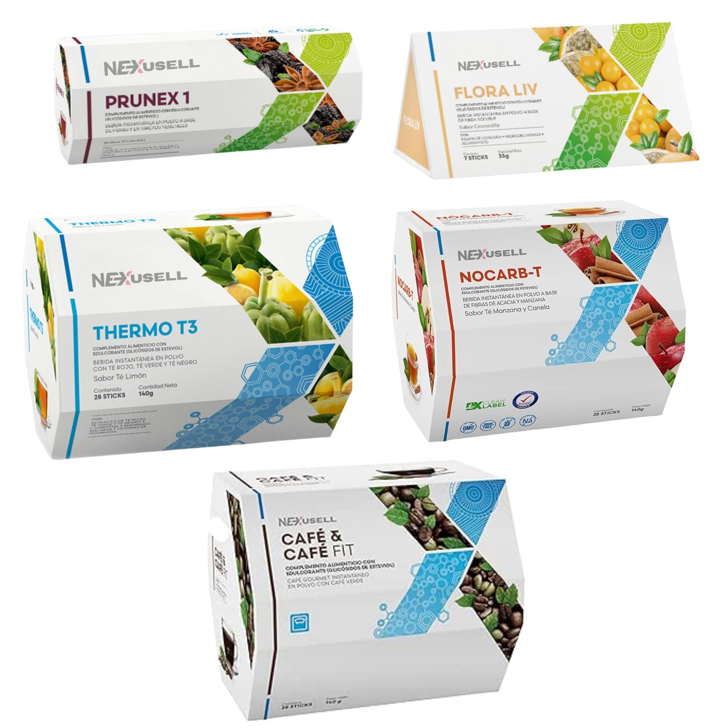 FUXION PACK Té Control de Peso 5 en 1 | 98 Sobres | Detox, Probióticos, Café Fit, Termogénico y Control de Carbohidratos | Prunex 1, Flora Liv, Thermo T3, Nocarb-T y Café Gourmet Instantáneo