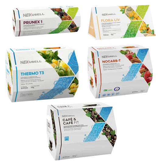 FUXION PACK Té Control de Peso 5 en 1 | 98 Sobres | Detox, Probióticos, Café Fit, Termogénico y Control de Carbohidratos | Prunex 1, Flora Liv, Thermo T3, Nocarb-T y Café Gourmet Instantáneo