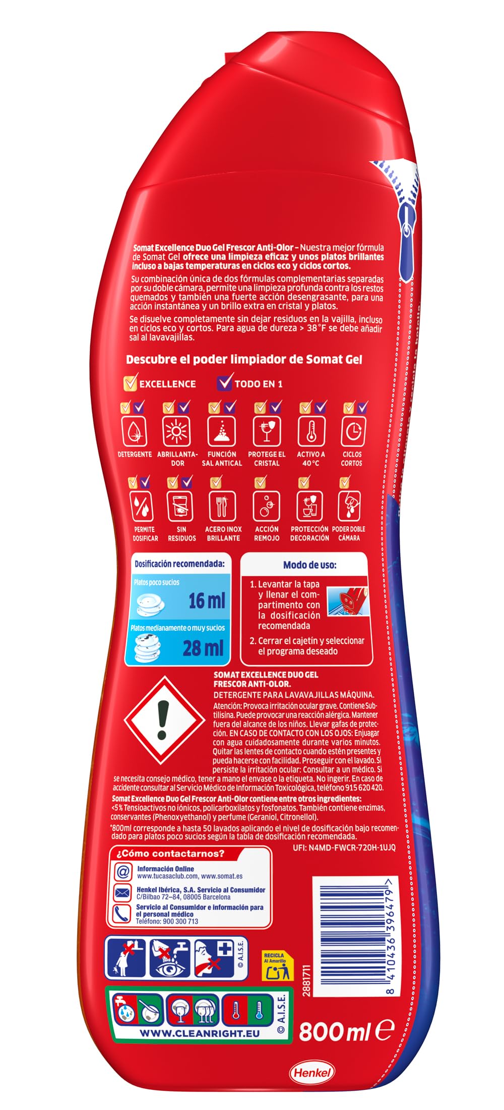 Somat Excellence Gel Frescor Anti-Olor (100 lavados), detergente lavavajillas desengrasante, lavavajilla líquido automático en botella, jabón para platos con vinagre