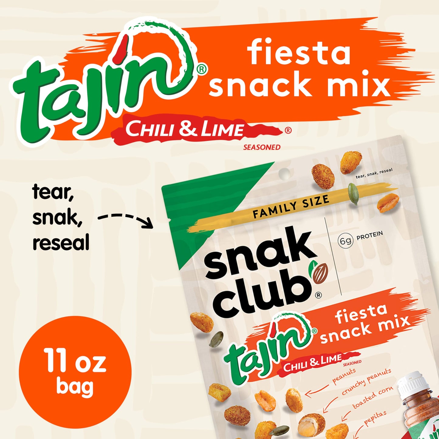 Snak Club Tajin Fiesta Snack Mix Chilli Lime Peanuts Pepitas y Maíz Snacks crujientes Sabor suave Bolsa resellable de 11 onzas