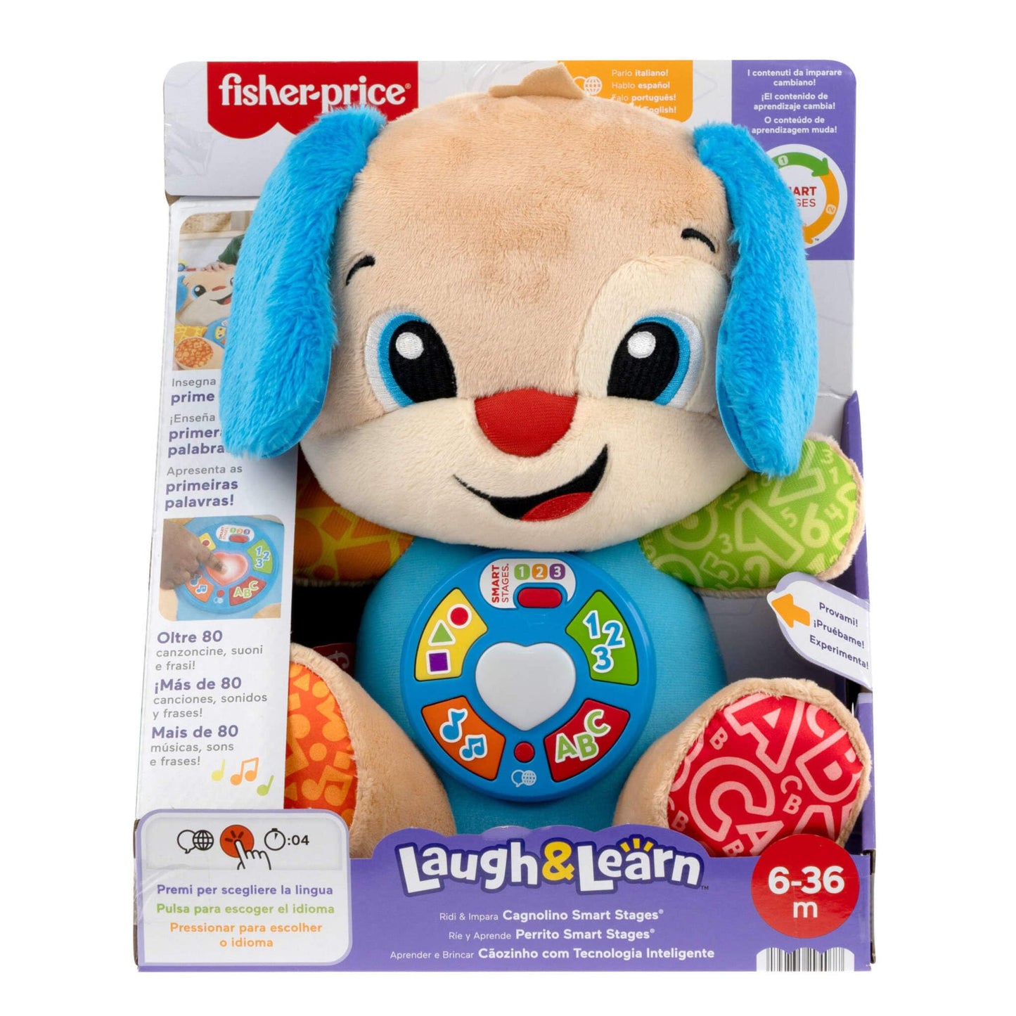 Fisher-Price Laugh & Learn Perrito con Smart Stages Peluche musical de aprendizaje con Smart Stages para bebés a partir de 6 meses, versión multilingüe: Italiano, Español, Portugués, Inglés, JFD26