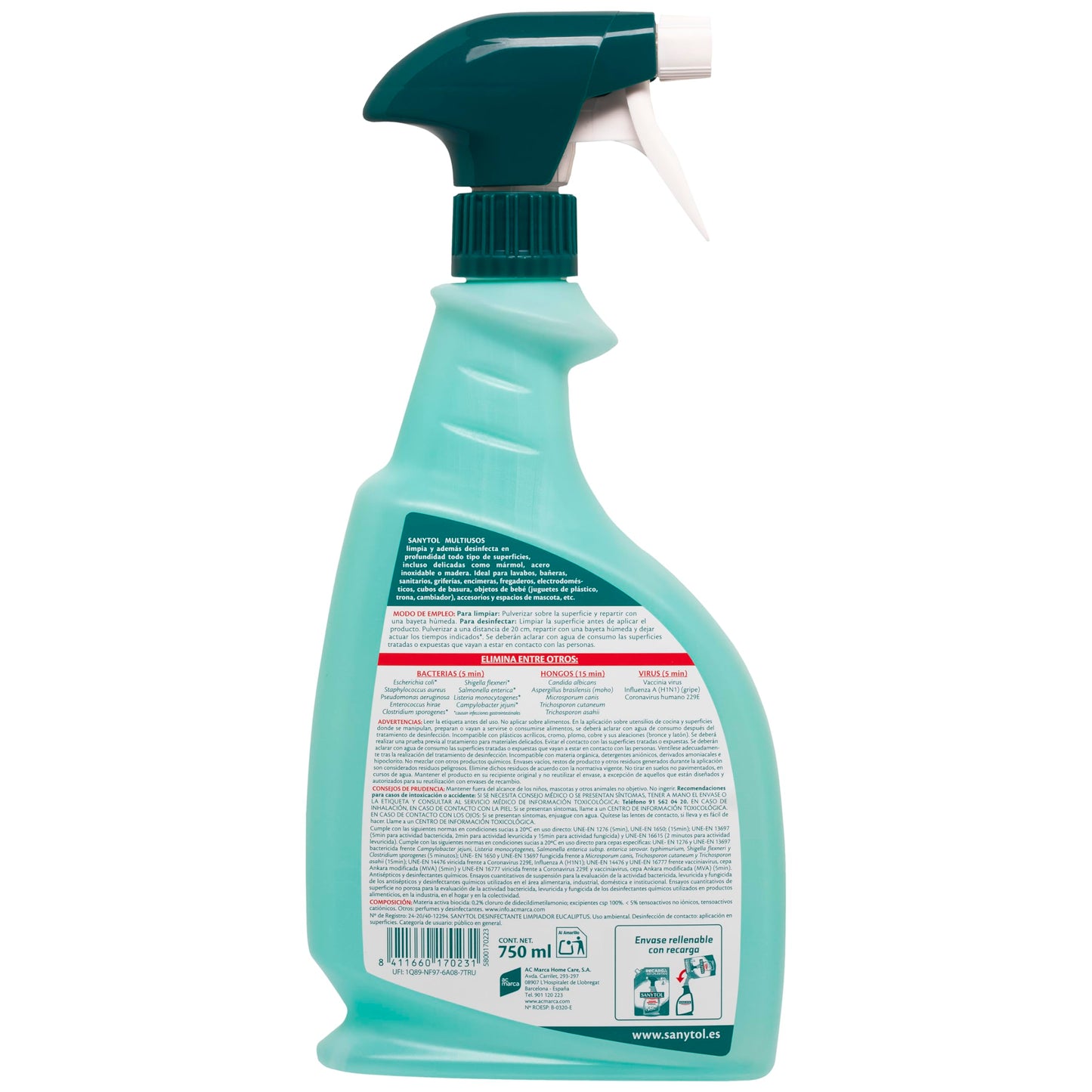 Sanytol - Limpiador Desinfectante Multiusos, Elimina Bacterias, Hongos y Virus Sin Lejía, Perfume Eucaliptus - 750 ML