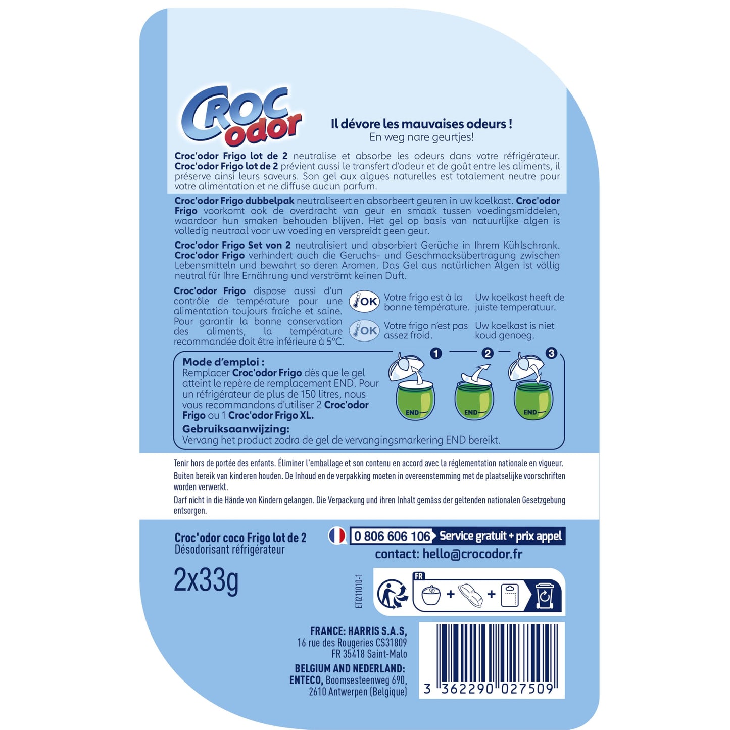 Ambientador para nevera Croc Odor, juego de dos, sin perfume, seguro para los alimentos, con indicador de temperatura, 2 x 33 g, el embalaje puede variar