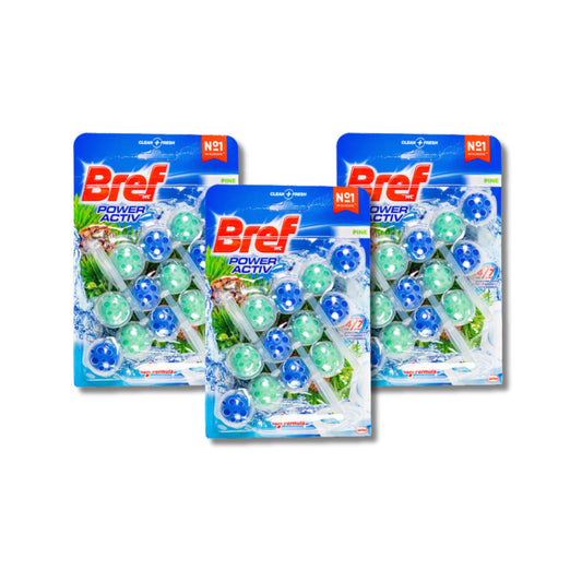 Activ Pino - 3 Pack de 3 Bloques de Inodoro con Fórmula 4 Funciones - Limpiador WC con Efecto Antical y Aroma a Pino Fresco - Protección Continua 24/7 - Bref - 3 x 50g (Total 150g) - NEXU