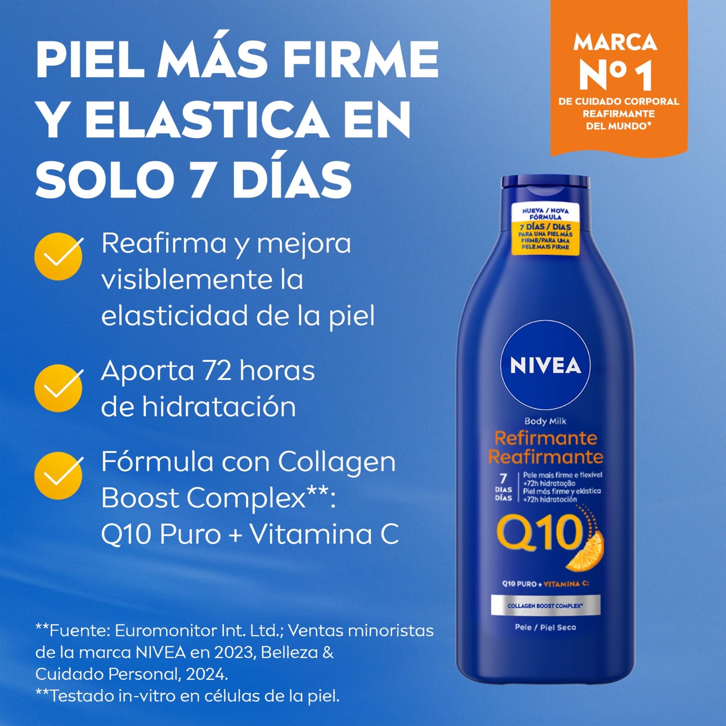 NIVEA Q10 Body Milk Reafirmante (1 x 400 ml), crema hidratante corporal 72h para piel seca, crema reafirmante corporal con Collagen Boost Complex, Vitamina C y Q10 puro